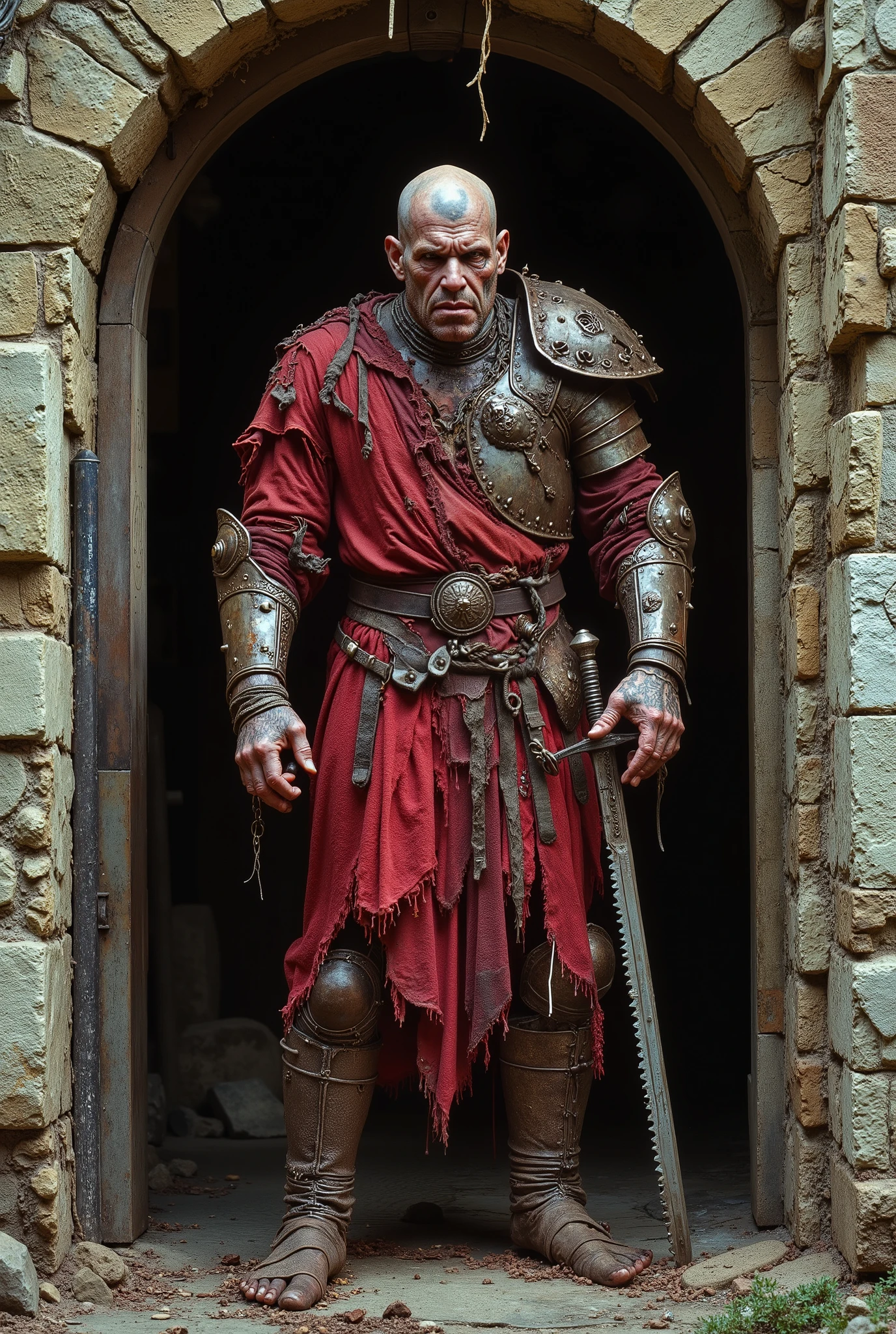 A creepy medieval thug dressed in red rotten leather and rusted metal armor. His face is very ugly tattooed and badly scarred and gaunt . His arms and fingers are very long and his legs are very long and thin and tattooed. He stands in an stone archway to a temple. He has a serrated sword at his side. He looks like an angry creepy sexfiend. He has Nurgle Infection.