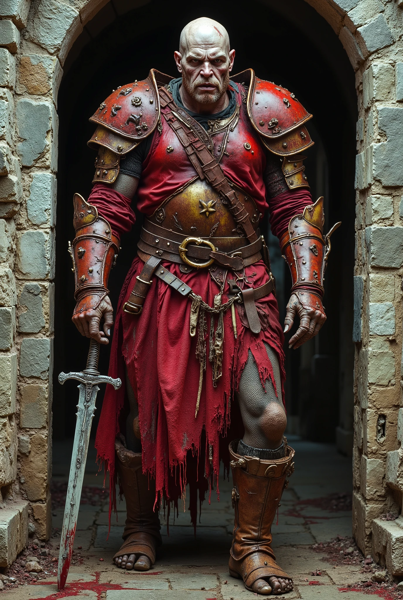 A creepy medieval thug dressed in red rotten leather and rusted metal armor. His face is very ugly tattooed and badly scarred and gaunt . His arms and fingers are very long and his legs are very long and thin and tattooed. He stands in an stone archway to a temple. He has a serrated sword at his side. He looks like an angry creepy sexfiend. He has Nurgle Infection.