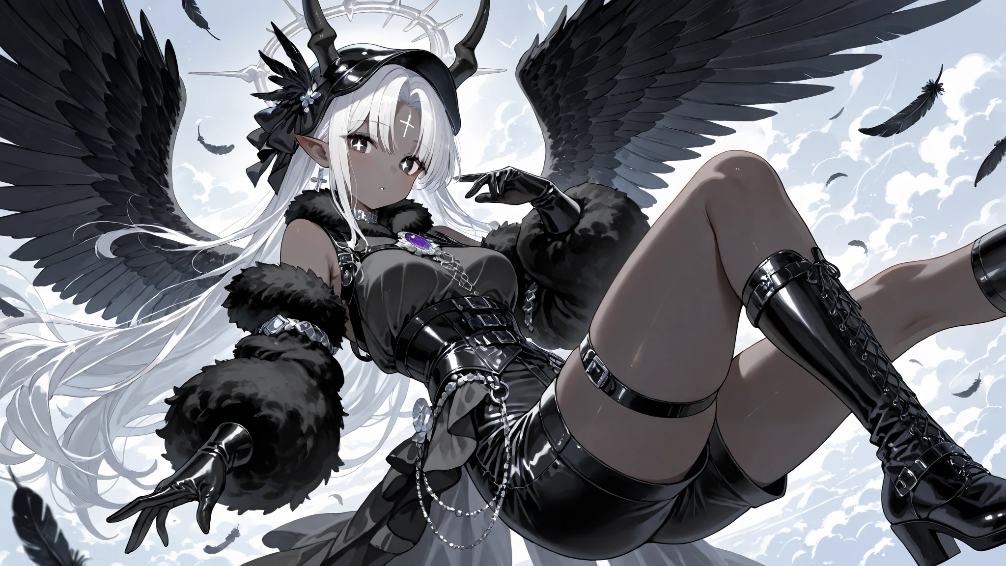 The girl is a fallen black-and-white angel. Her hair is obsidian black and long and straight with white highlights. her eyes are dark black with white inverted crosses-like pupils. She has dark grey skin and pointed ears. In the center of her forehead she has a one black unicorn horn, decorated with silver chains. She is wearing a black jumpsuit with short shorts, a fur collar and fur sleeves. She wears high hip-length patent leather boots with straps. She wears on her head a black patent leather cap with brooch in the form of a cross. She wears leather gloves. She's wearing silver choker, garters, shoulder-harness, and patent leather corset with inverted crosses. She has six wings on her back: three black wings and three white wings. She flies in a white heavenly city in Celestial realm among the clouds, leaving a trail of black feathers behind her.