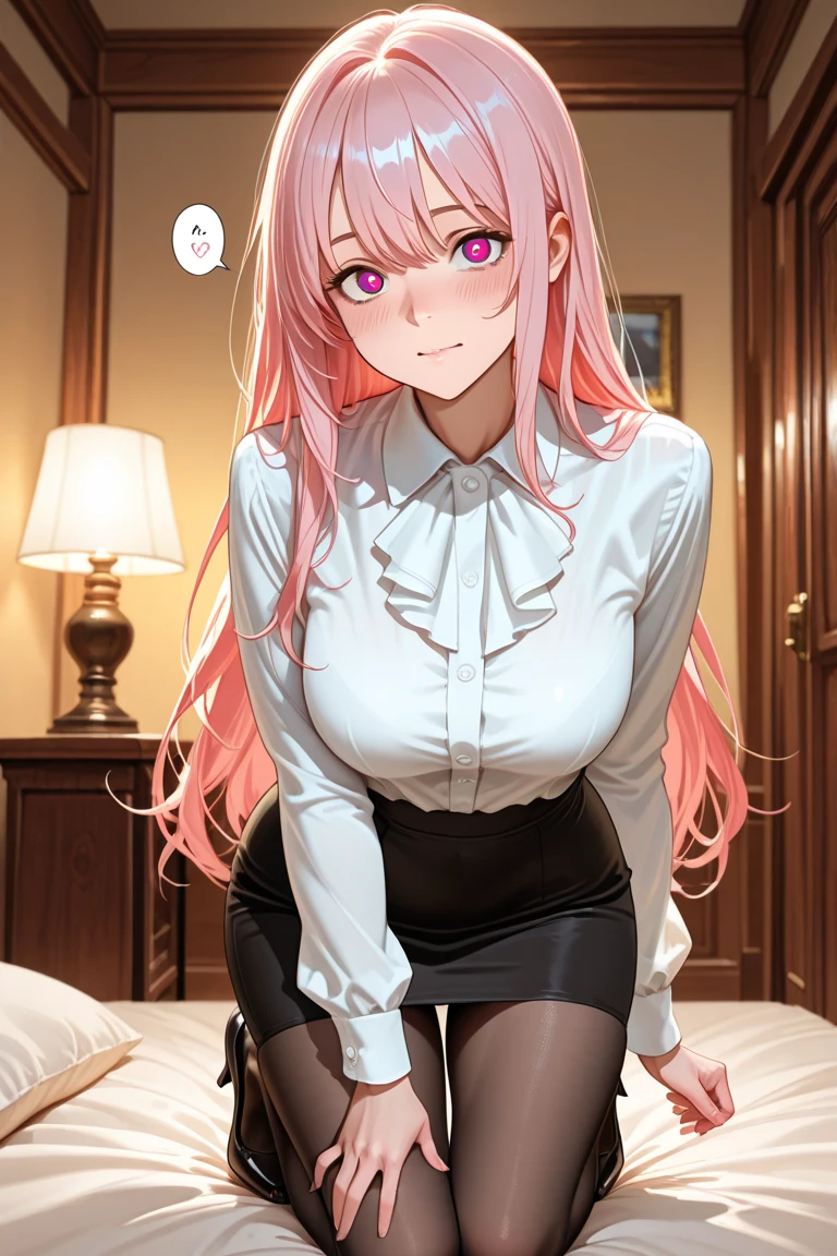 Browsing Caution,(Very delicate,highest quality、8k),(One man and one mature woman having sex),Pitch-dark room,Lure,smile,blush,Pink gold haired woman,Speech bubble