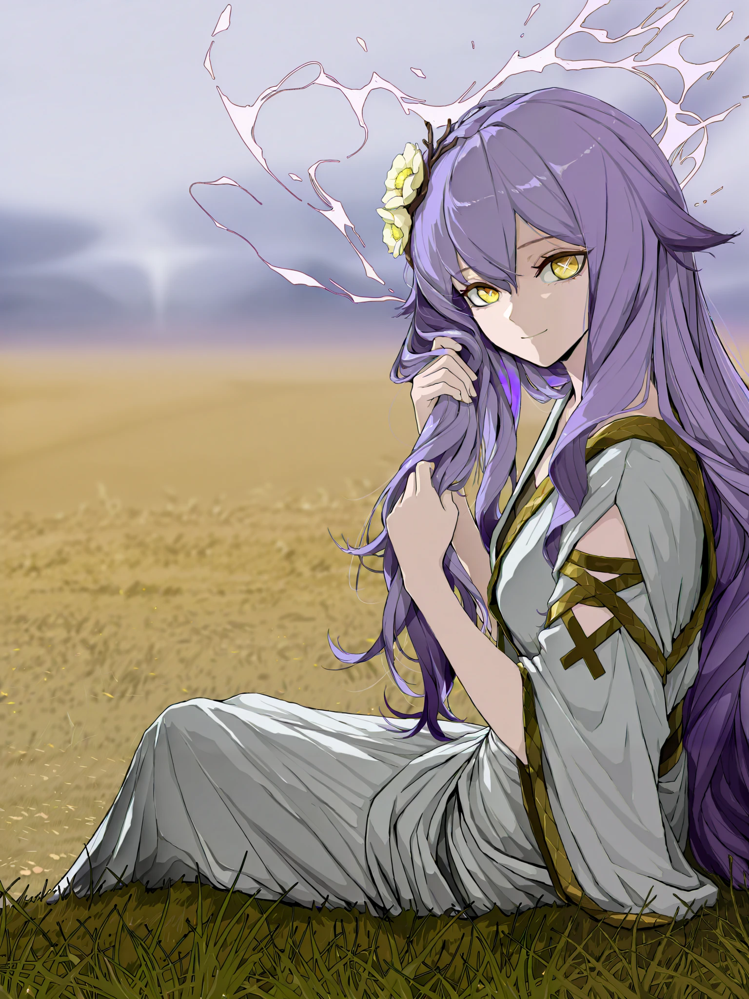 by [inoitoh|arknights|748cmstyle],
1girl, solo, alone, single character, messy background, chaotic background, magic aura background, (glancing at viewer, side shot, (dynamic shot, action shot:1.0), upper body focus, close_up shot:1.0), Sirin, long hair, purple hair, yellow eyes, x-shaped pupils, diamond-shaped pupils, greco-roman clothes, ancient greek clothes, holding a bouqet of flowers, sitting on the grass, soft smile, adjusting her hair,
(mature, exquisite detail, 8k, 4k, sharp focus, ultra-detailed, detailed background, absurdres, best quality, amazing quality, very aesthetic, high resolution, newest, hyper-detailed:0.58)
 