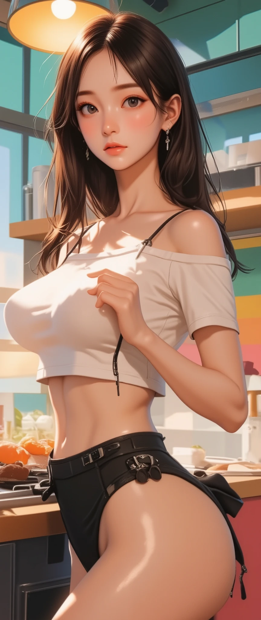 (top quality, 8k, masterpiece:1.3), (Big Breasts:0.7),Chest,(beautiful face:1.3),standing,kitchen,(shiny skin:1.2),( beautiful busty Japanese girl in their 20s),brown hair,(viewers),(shy),,excited,(Short apron),long hair,(colorful), striped ,(micro panties),(Big Breasts、well-defined breasts, deep cleavage、wet body, Sparkling Skin),close-up,(tan line:0.8),(arm),(nipples cover, ),(lean forward: 1.5),( black tabby glasses)