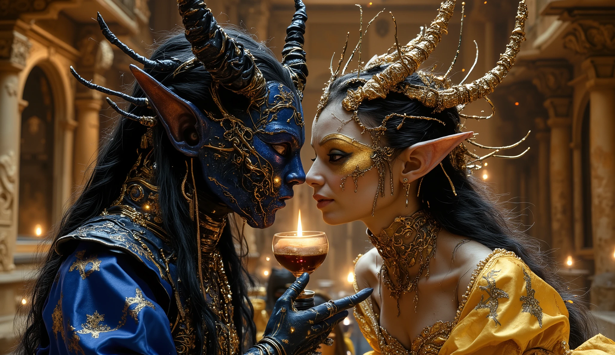 Elves and humans and Onis dressed up in costumes and makeup by Luis nari Luis Royo, victorian Gothic japan fantasy celtic fantasy, psytrance and Giger, elaborately costumed, exotic Gothic victorian corset Gothic kimono yukata costumes, elaborate Venetian masquerade ball in a palace guildhall, alluring and terrifying, Elves and humans dancing drinking kissing fucking laughing hedonism