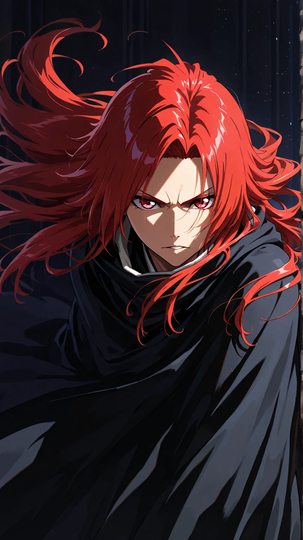 (masterpiece, best quality, ultra-detailed, best shadow), (dark fantasy), high contrast, (best lighting, extremely delicate and beautiful), ((cinematic light)), colorful, hyper detail, dramatic light, intricate details. Man (18 years old) with long red hair that is radiant, striking red eyes and beautiful eyelashes, wearing a Bleach Shihakusho with a captain's cape, character with gentle aura, handsome, 170 cm tall, gentle and heroic character