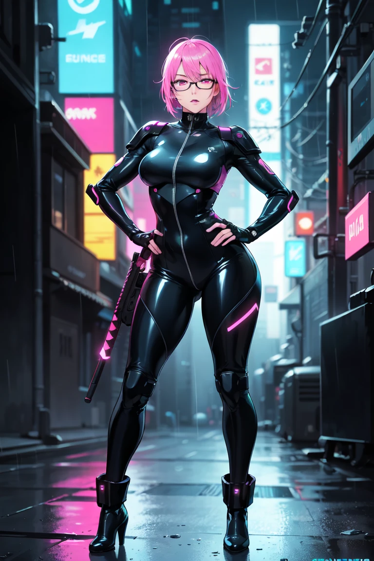 (full body photo, with feet on the ground, front view), ((Luana/Woman)) ({large breasts, Clothing:Black with white parts/Kamen Rider/Ninja/Samus Aran/extremely tight on body/transparent/water-soaked body and head, smiling, red cheek, mouth:Red lipstick). Luana is in a (futuristic city with several flying cars flying in the sky, this night). Luana has {(short purple colored hair, with teddy bear clip), (green eyes), looking at the viewer, closed fists, fighting position, futuristic weapons attached to her costume, belt with red jewel and blue jewel on the breastplate)}, anime, anime style, motion blur, 16k, high quality, super detail, textured skin, anatomically correct, masterpiece, masterpiece, masterpiece, UHD, ccurate