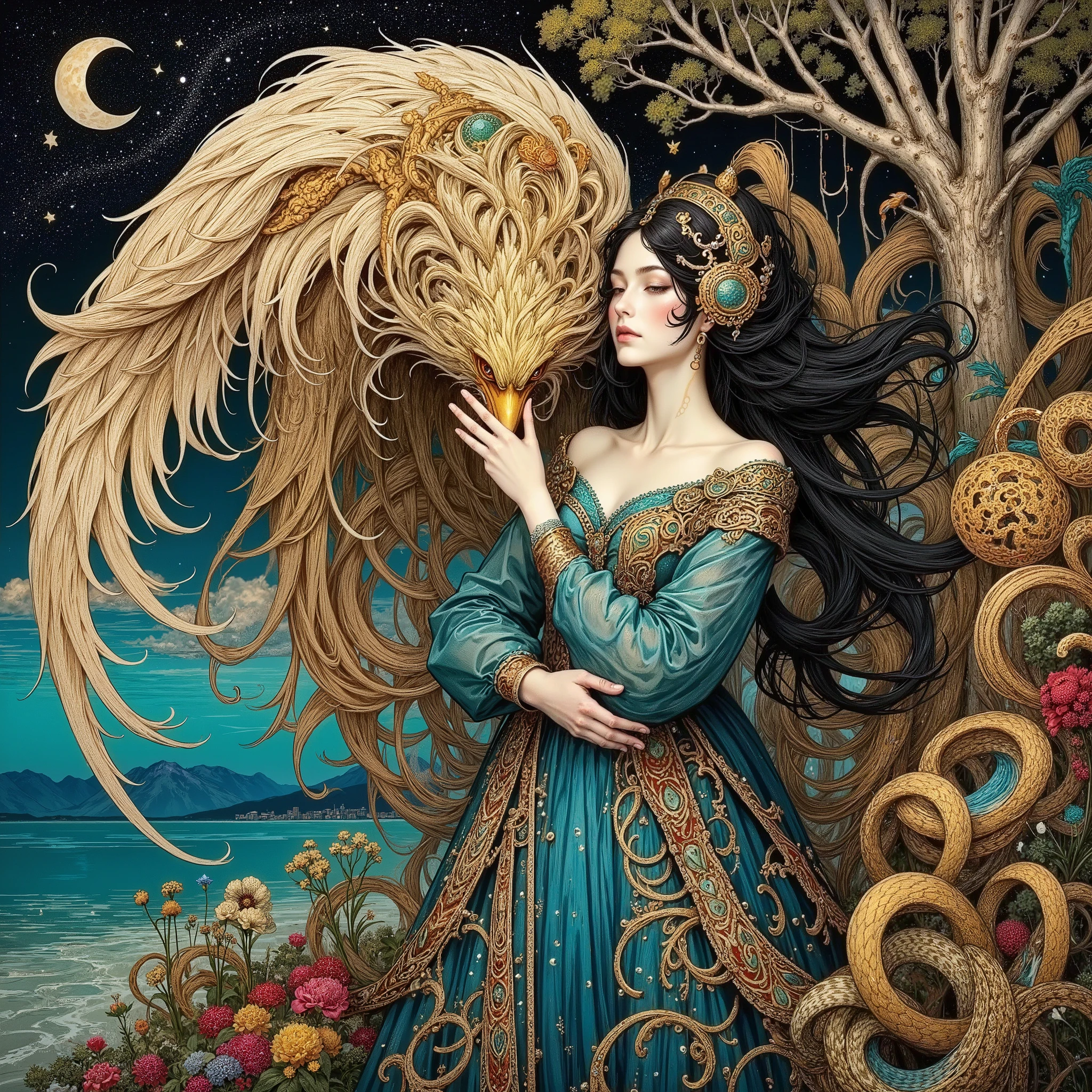 A beautiful girl hugs a large beautiful bird, long shiny black hair fluttering in the wind, a long regal blue dress with long transparent sleeves, rich intricate decor, precious hair jewelry, embroidery with gold and precious stones, cords, ribbons, pearls, beautiful stylized shapes and costume decor, many complex bizarre patterns, curved lines and textures, flowing shapes, refined facial features, graceful, beautiful, regular hands, against the background of an azure lake among beautiful trees and flowers,whimsical flowers on the shore,Dark sky after sunset, stars, moon, bright, gradient color scheme, digital art in the style of painting, symbolism, art Nouveau, surrealism, fantastic realism, hand painting, stylization, high detail,