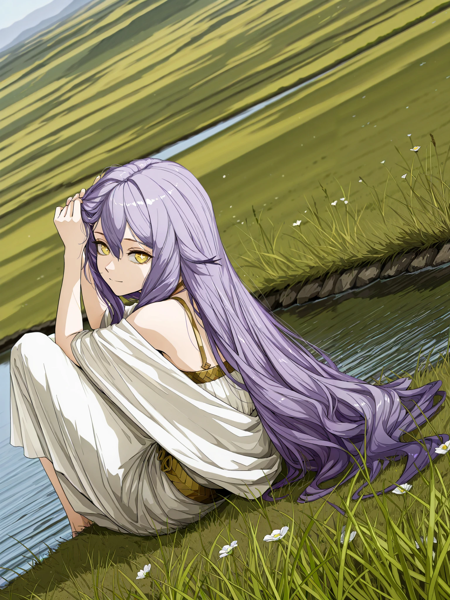 by [inoitoh|arknights|748cmstyle],
1girl, solo, alone, single character, vivid colours, summer day, bright (glancing at viewer, side shot, (dynamic shot, action shot:1.0), upper body focus, close_up shot:1.0), Sirin, long hair, purple hair, yellow eyes, x-shaped pupils, diamond-shaped pupils, greco-roman clothes, ancient greek clothes, holding a bouqet of flowers, sitting on the grass, soft smile, adjusting her hair, by a river, sitting by the river,
(mature, exquisite detail, 8k, 4k, sharp focus, ultra-detailed, detailed background, absurdres, best quality, amazing quality, very aesthetic, high resolution, newest, hyper-detailed:0.58)
 
