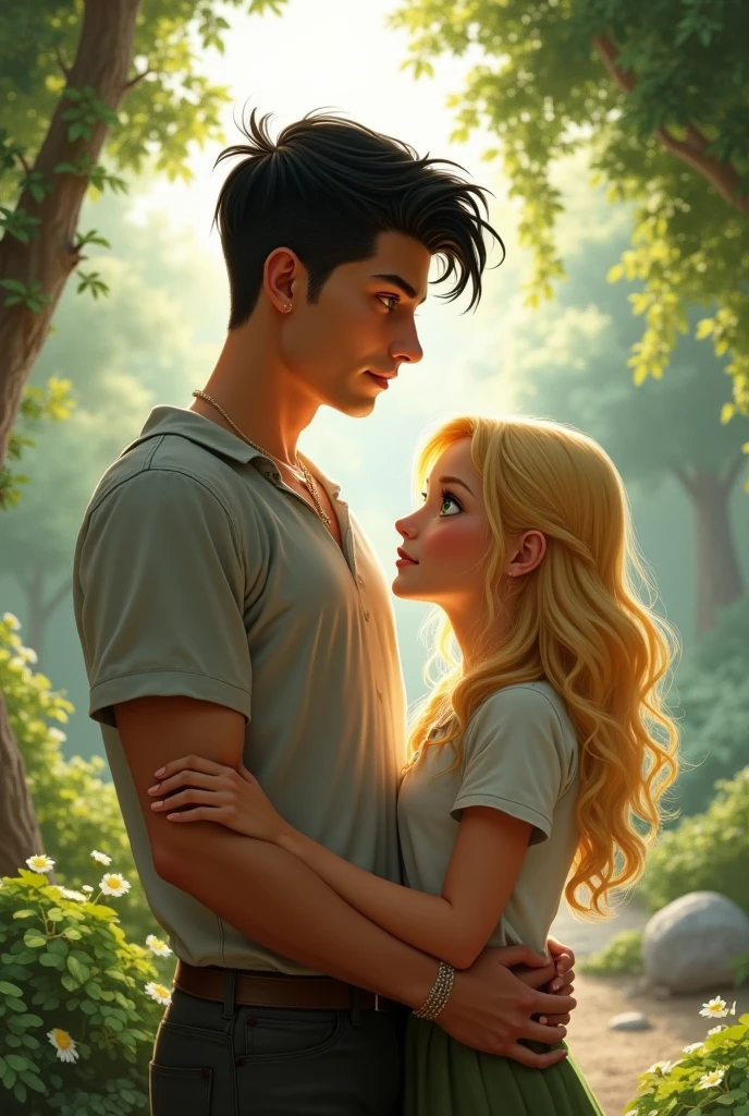A handsome age boy hugging a teengirl