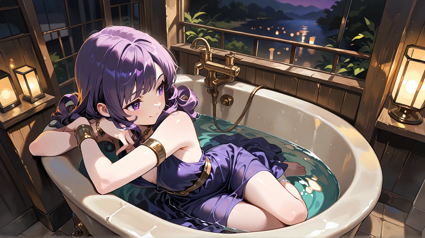 A woman, Ancient costume in light purple color and water drawings,lying on bed, Ancient room