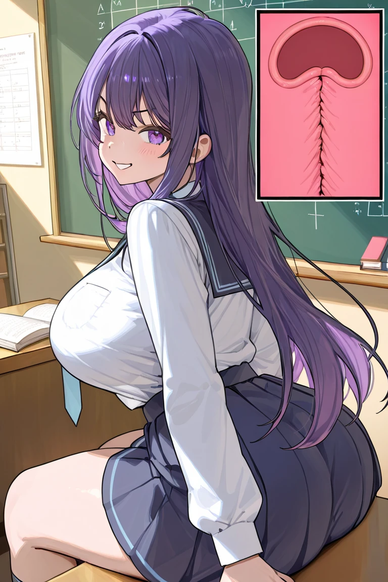 score_9, score_8_up, score_7_up, best quality, masterpiece, source_anime, BREAK, Megami Magazine.jeloejsk, light purple hair, purple eyes, x hair ornament,, large breasts,, lewd face, naughty face, pleasure, perfect ass, head back, solo girl, perfect hands, spreading ass, anus, panties, wet pussy, dildo anal, anal stretched, holding dildo, classroom, desk, exposed breast,choked by anal, wide angle,transparent glass dildo, crossed eyes, screaming, monster dildo, wide dildo, large dildo, long dildo, super large insertion, crazy for sex, spreading legs, shiny skin, medium breast, exposed breast, crave for anal,