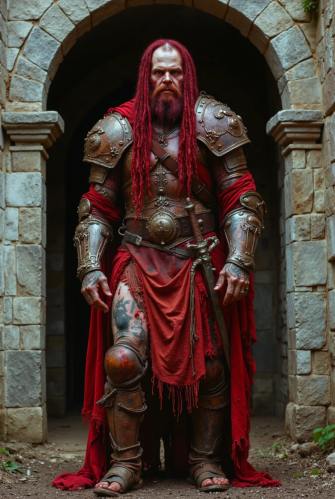 A creepy medieval thug dressed in red rotten leather and rusted plate metal armor. His face is very tattooed and badly scarred and gaunt. He has red bloody dreadlocks. His arms and fingers are very long and his legs are very long and thin and tattooed. He stands in an stone archway to a temple. He has a serrated sword at his side. He looks like an angry creepy sexfiend. He has Nurgle Infection.