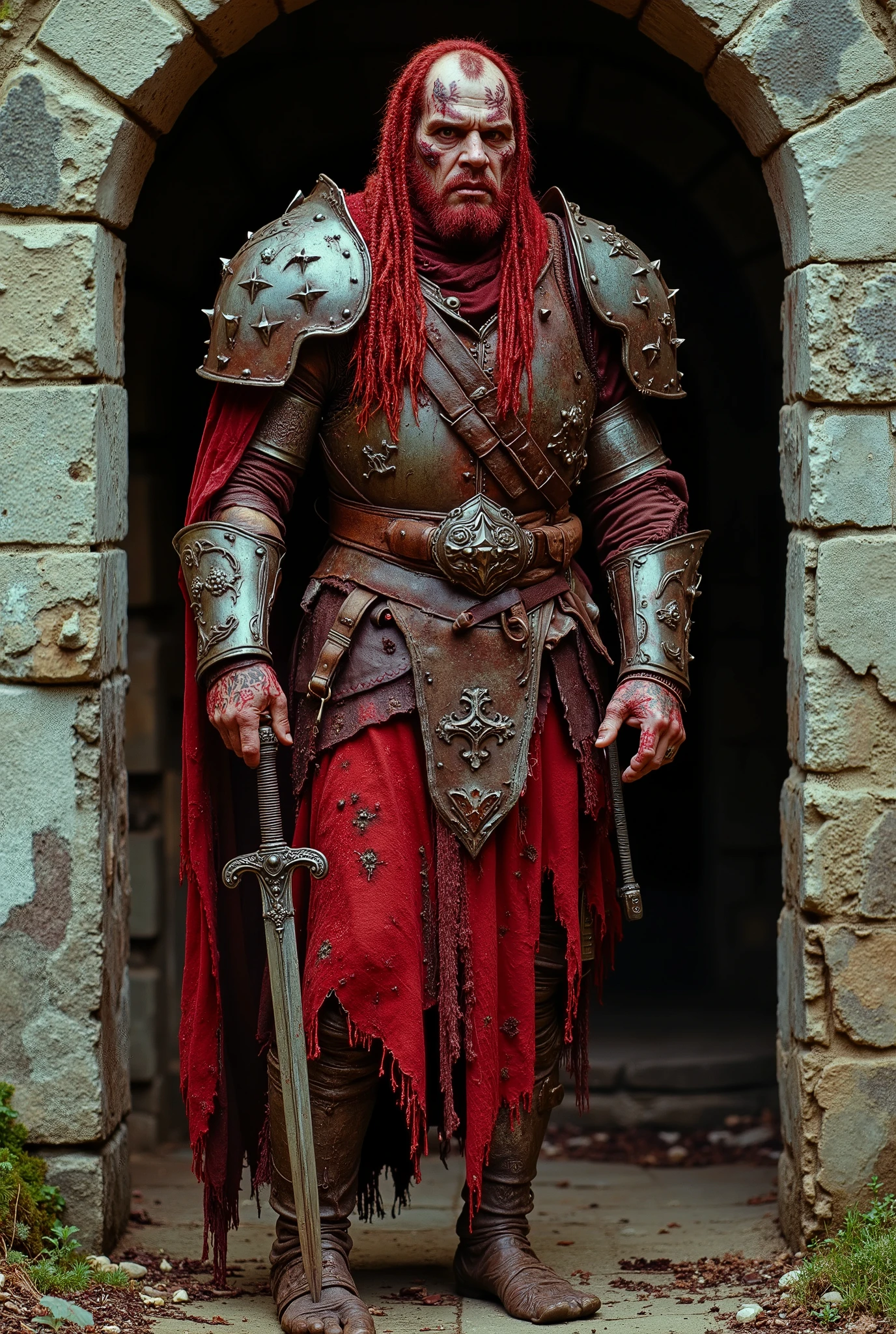 A creepy medieval thug dressed in red rotten leather and rusted plate metal armor. His face is very tattooed and badly scarred and gaunt. He has red bloody dreadlocks. His arms and fingers are very long and his legs are very long and thin and tattooed. He stands in an stone archway to a temple. He has a serrated sword at his side. He looks like an angry creepy sexfiend. He has Nurgle Infection.