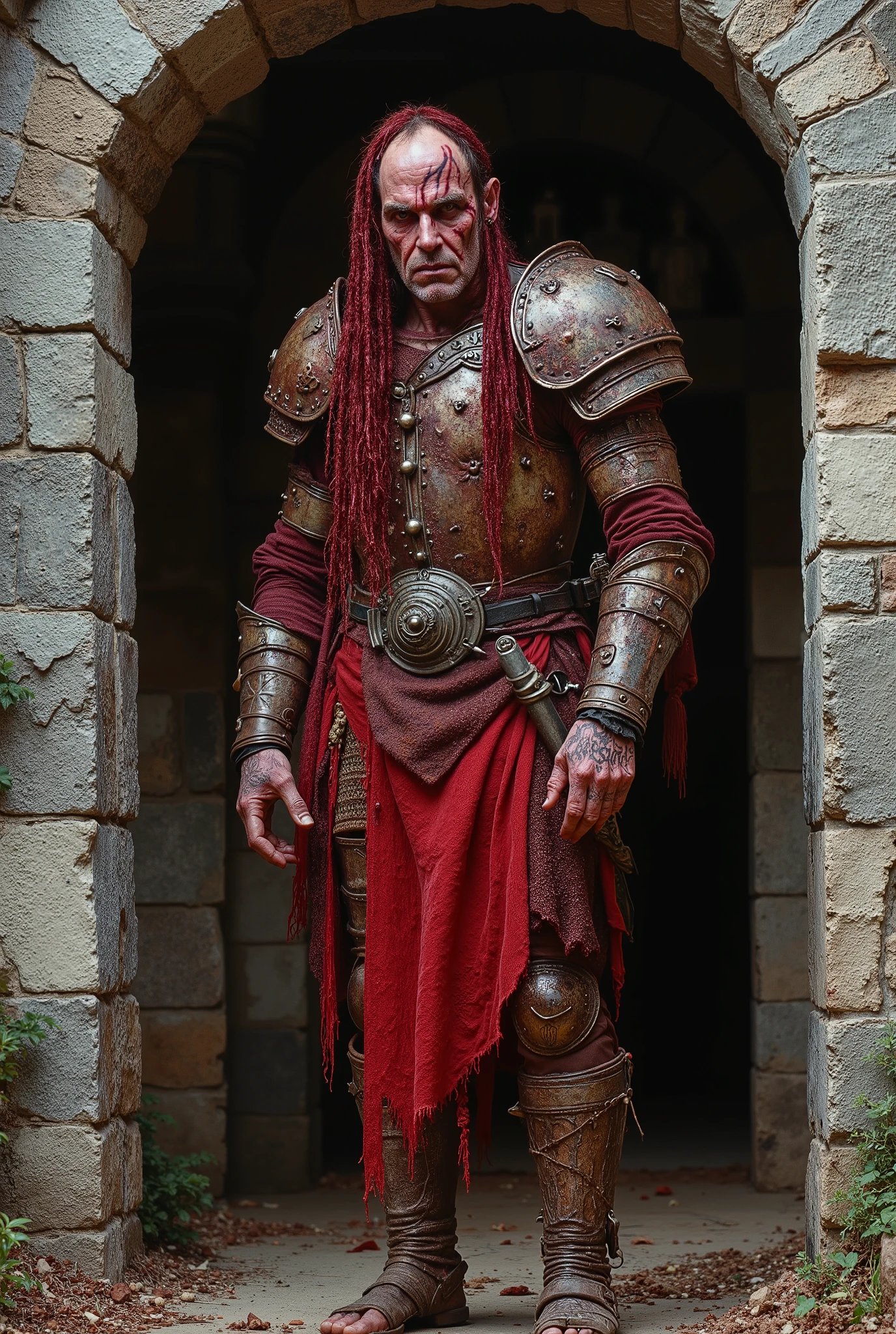 A creepy medieval thug dressed in red rotten leather and rusted plate metal armor. His face is very tattooed and badly scarred and gaunt. He has red bloody dreadlocks. His arms and fingers are very long and his legs are very long and thin and tattooed. He stands in an stone archway to a temple. He has a serrated sword at his side. He looks like an angry creepy sexfiend. He has Nurgle Infection.