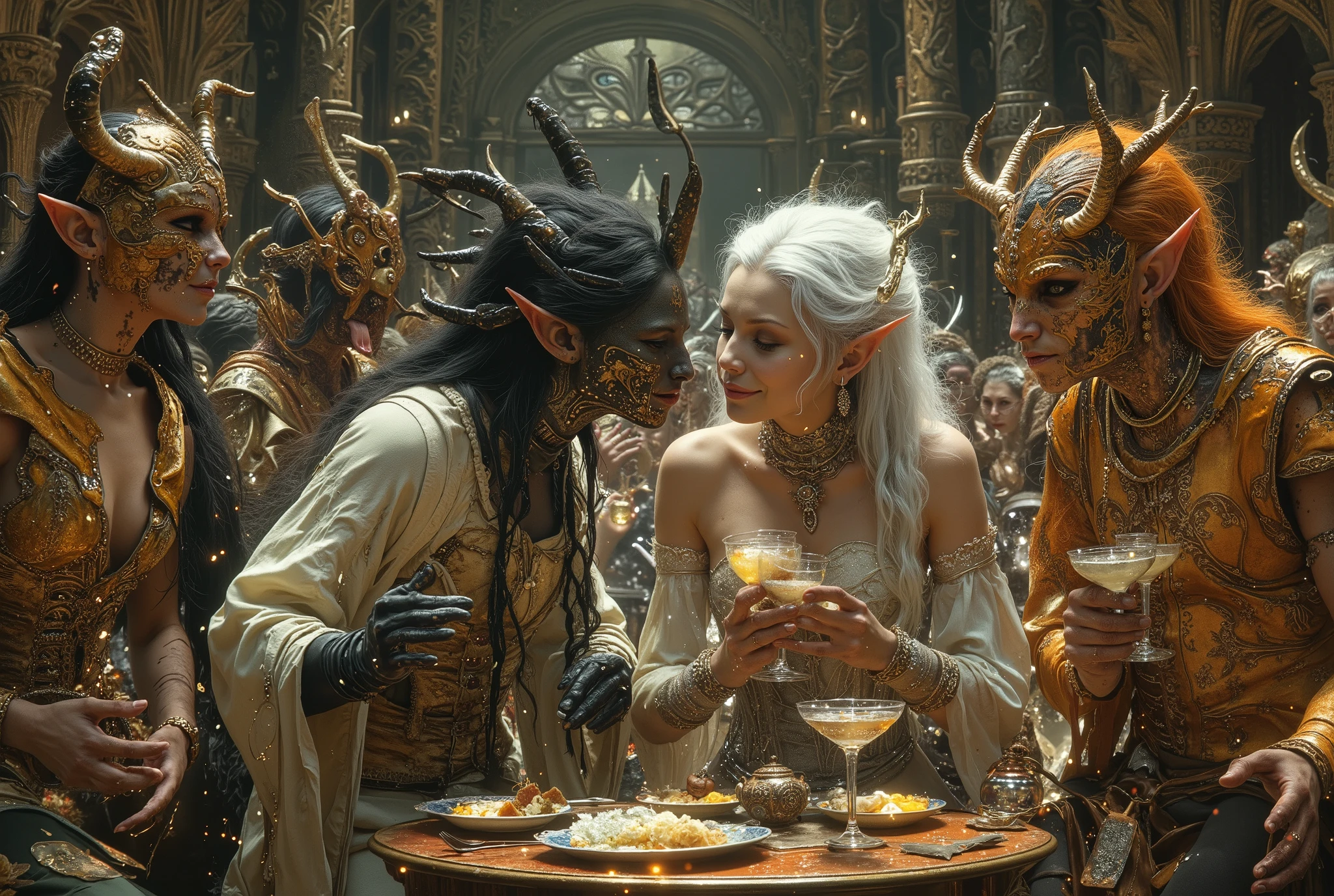 Elves and humans dressed up in costumes and makeup by Luis nari Luis Royo, victorian Gothic japan fantasy celtic fantasy, psytrance and Giger, elaborately costumed, exotic Gothic victorian corset Gothic kimono yukata costumes, elaborate Venetian masquerade ball in a palace guildhall, alluring and terrifying, Elves and humans dancing drinking kissing fucking laughing hedonism
