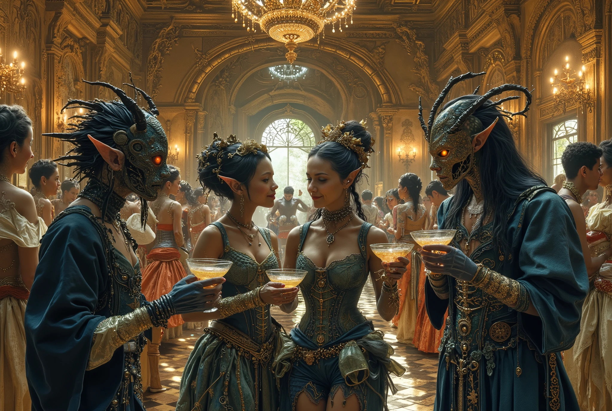 Elves and humans dressed up in costumes and makeup by Luis nari Luis Royo, victorian Gothic japan fantasy celtic fantasy, psytrance and Giger, elaborately costumed, exotic Gothic victorian corset Gothic kimono yukata costumes, elaborate Venetian masquerade ball in a palace guildhall, alluring and terrifying, Elves and humans dancing drinking kissing fucking laughing hedonism