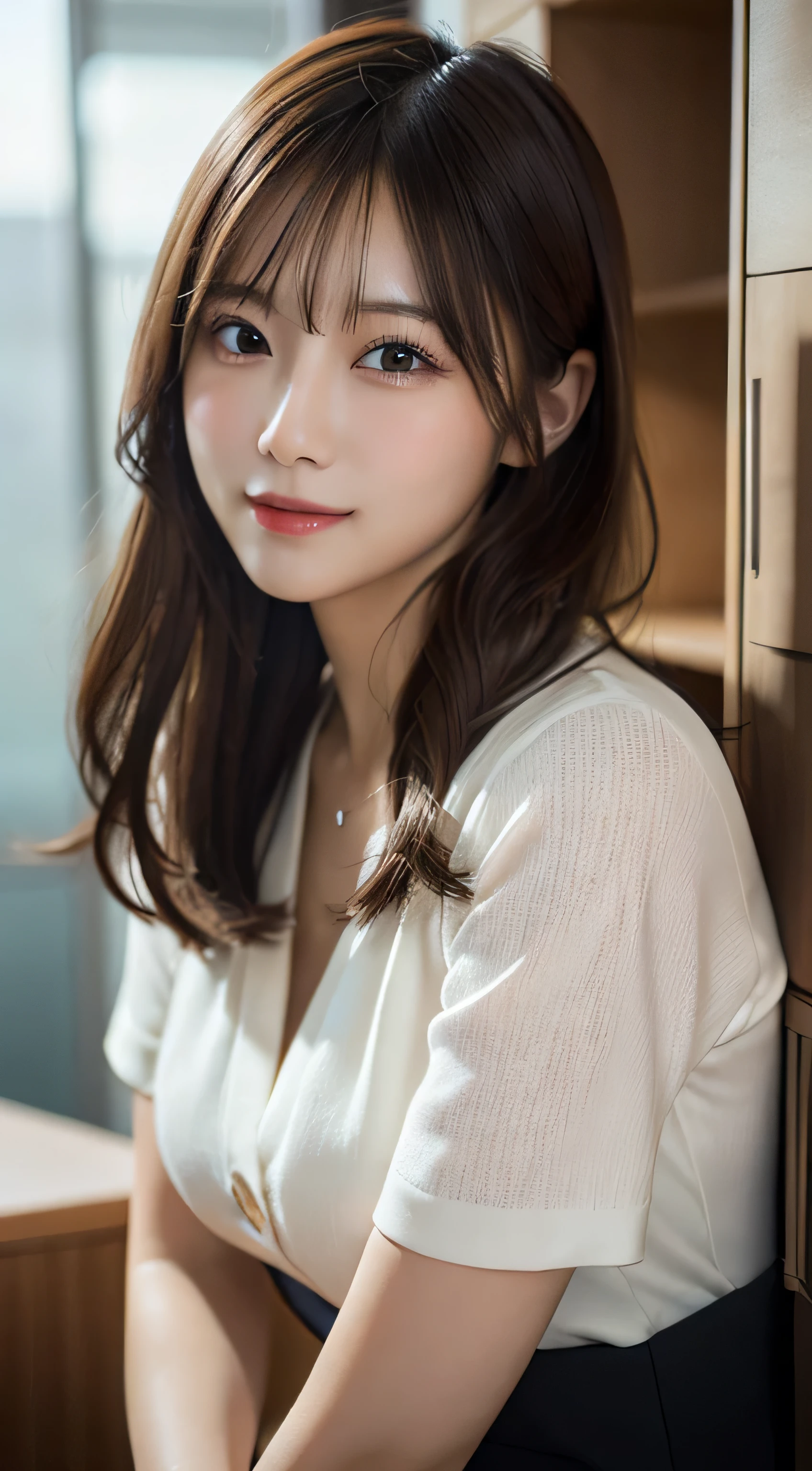 1girl, beautiful detailed eyes, beautiful detailed lips, extremely detailed eyes and face, long eyelashes, gorgeous young Japanese girl, beautiful Japanese girl, beautiful young Japanese girl, young and cute asian face, popular Japanese makeup, 8k selfie, beautiful Japanese girl face, girl cute beautiful face, young and adorable Japanese face, beautiful asian girl, one adorable Japanese face, rich bust, , sitting on chair, photorealistic, masterpiece, 8k, ultra-detailed, realistic, vivid colors, studio lighting, physically-based rendering
