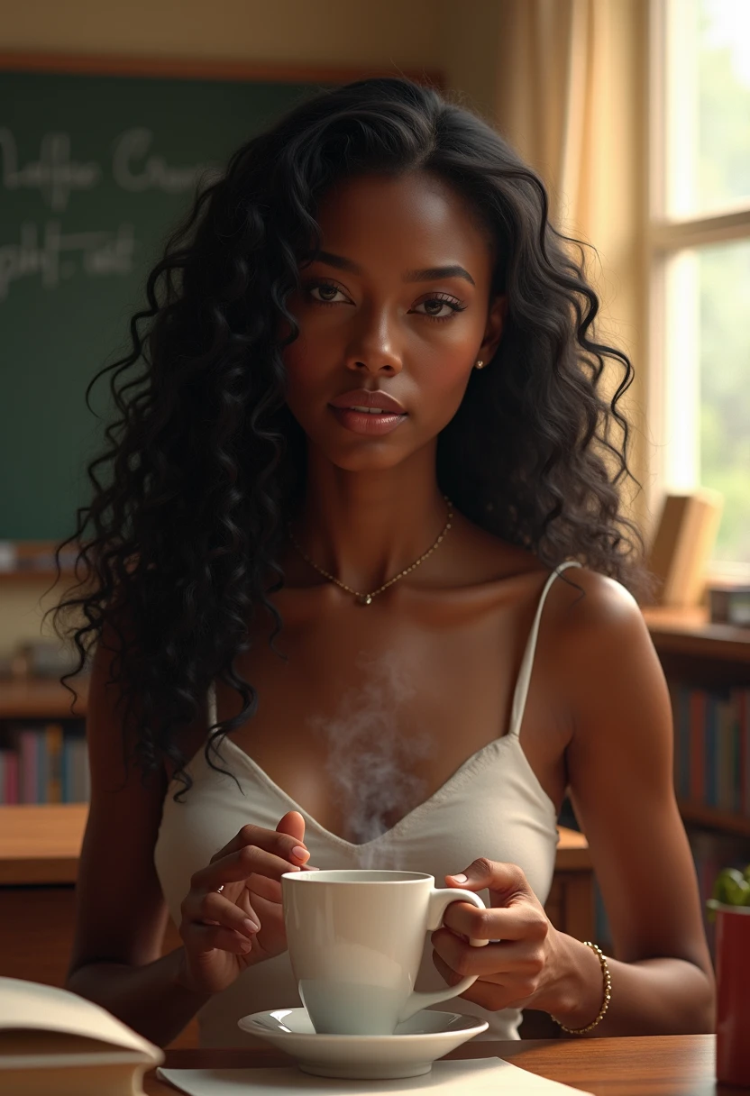 Imagine a beautiful black woman sitting at a sleek, modern kitchen with a marble countertop. On the countertop sits a stylish espresso machine, steam gently rising from its spout. Next to it, there's a minimalist white mug filled with rich, dark coffee with mushrooms laying around cup . But what makes it unique is the swirl of mushroom extract infused into the coffee, creating an intriguing pattern that catches the light just so. The scene is bathed in warm morning sunlight streaming through a nearby window, promising a tranquil start to the day.
