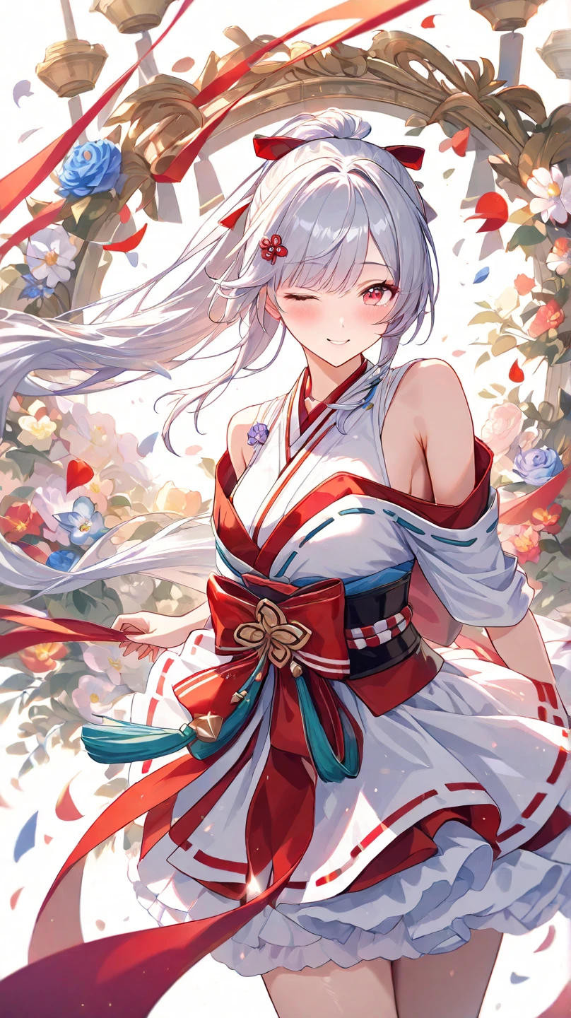 MerelyRed, TomoeKimono, 1girl, solo, smile, standing, 
 <lora:FGOTomoeV1:0.8>