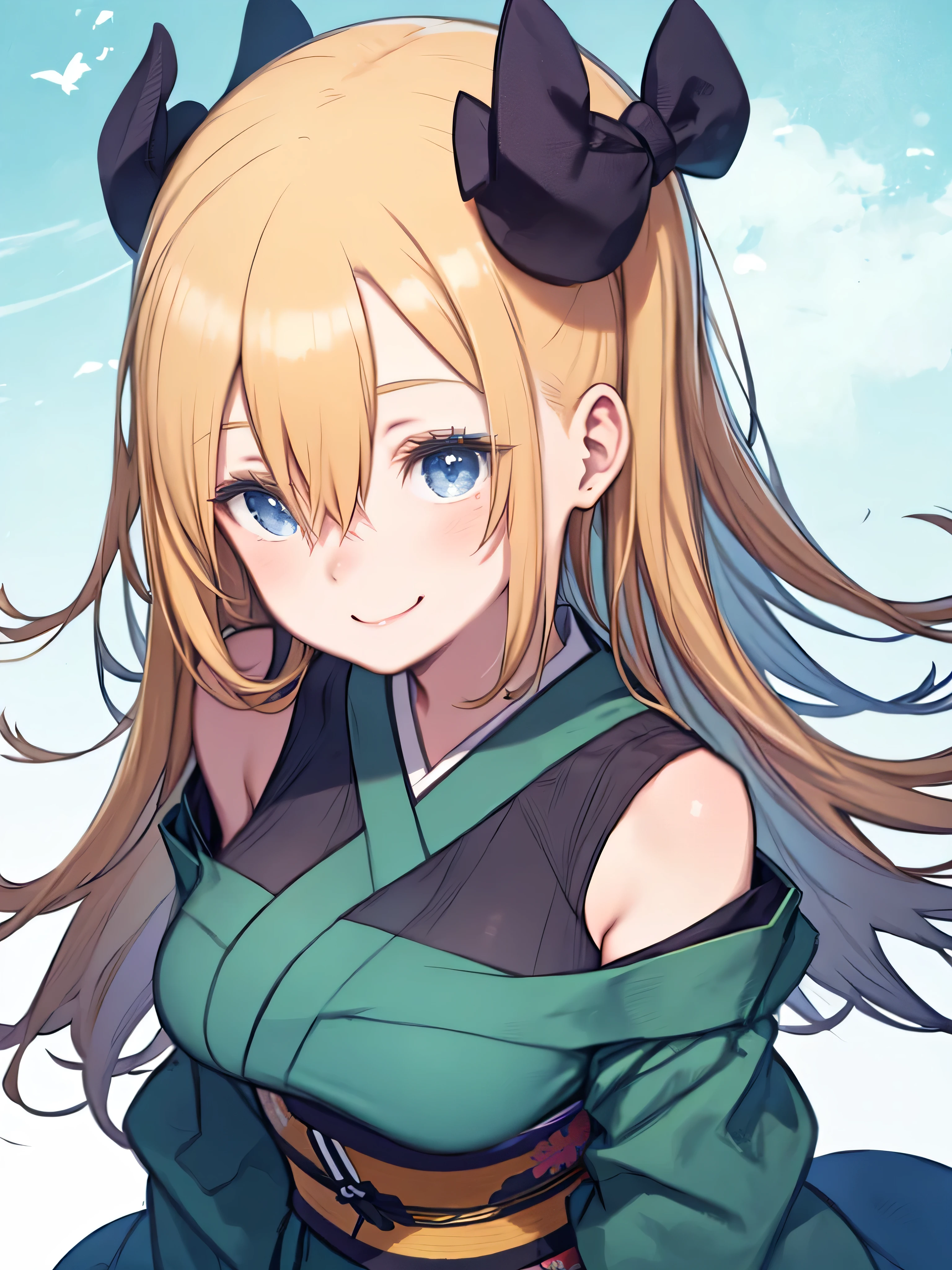 A woman in a green kimono、off shoulder、Chest Valley、Big Breasts、 flashy makeup、upper body、 beauty、 Smile、 angles from above、blonde hair、hair between eyes、Blue Eyes、
