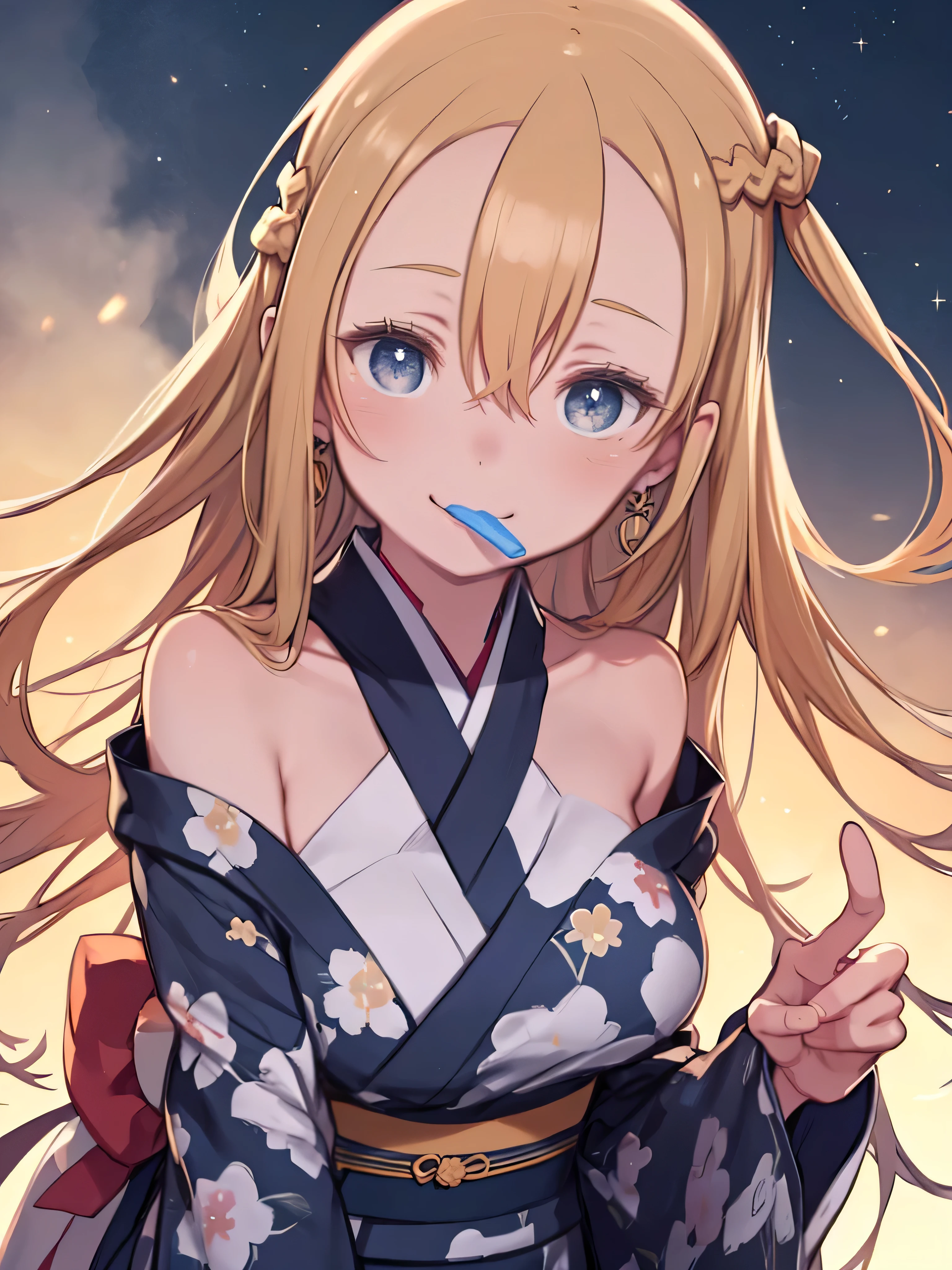 masterpiece , top quality , high resolution , very well detailed , masterpiece , top quality , high resolution , Bianca \(\)、Forehead sticking out 、Uneven hair 、(( has 1 braid hanging from right shoulder:1 . 5、))、blue eyes , Sparkling Eyes、super detailed eyes、long hair , smile、 red face、 , Laughter、 single blade , Shiny Blonde、earrings , choker ,, (embarrassing:1 . 2) , cinematic lighting、 top quality、Limbs、 full finger、Yukata Beauty、( navy blue floral yukata :1 . 3)、、Summer Festival、river、beautiful breasts、大きなsmile、 eating cotton candy 、night sky、 with the rising sun on your back、 Looking up at the fireworks
