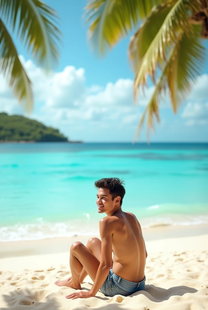 Teen boy group on the Beach,sea,market,cute handsome teenager,Thai Teens 18 years old,Handsome like a young Thai actor, sitting on sand,Wear small swimwear,Not wearing a shirt,Not wearing pants,warm sunlight in the evening,tree,There are people in the background in the distance.