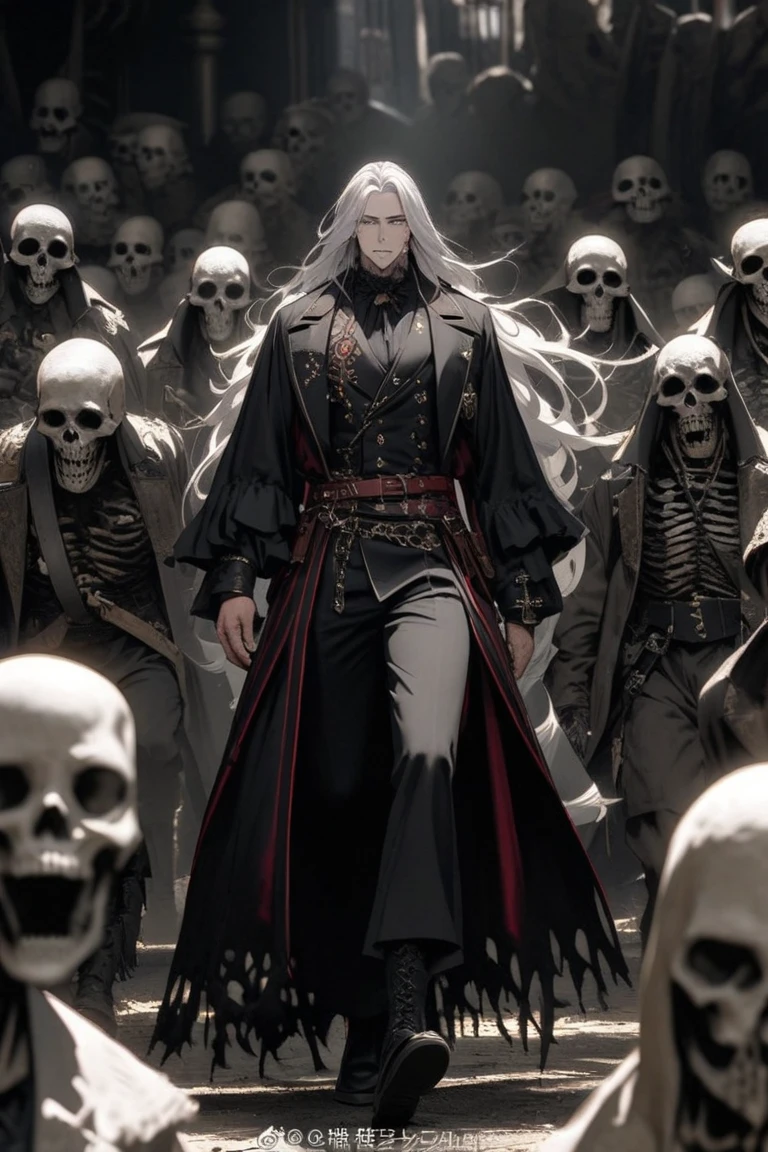 Horror, blood, intimidation, far away in the middle of a square, in the middle of which will be a tall man, white hair, silver eyes, sharp looks, a sarcastic smile, formal black aristocratic clothes, a long white coat, decorated, a sharp sword, silver and grey, shining under the moonlight, Background of a war zone, blood flowing, black corpses, a light blue moon, pixels flying in the air,