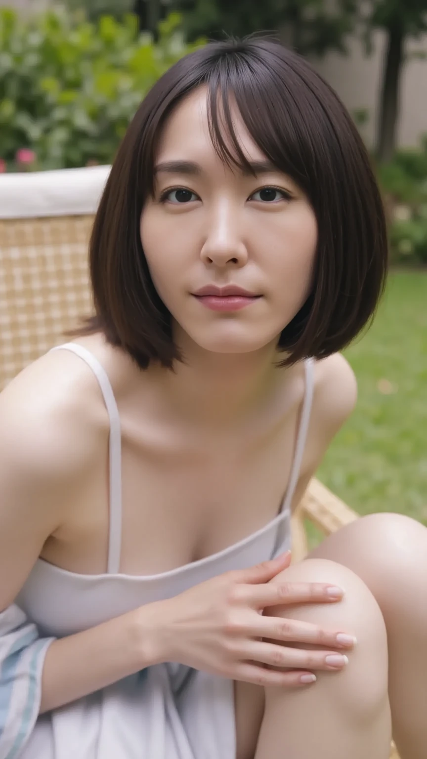 ((Best of the highest quality, 8k, Masterpiece: 1.3, raw photo)), Sharp focus: 1.2, (1 AESPA girl: 1.1), (Solo: 1.18), (realistic, photo-realistic:1.37), face focus, cute face, finely eyes, (Small breasts, flat chest, Thigh: 1.2), (full nude: 1.4), short messy hair, updo, (sitting on park bench, spread legs, from below: 1.3), garden, flower,