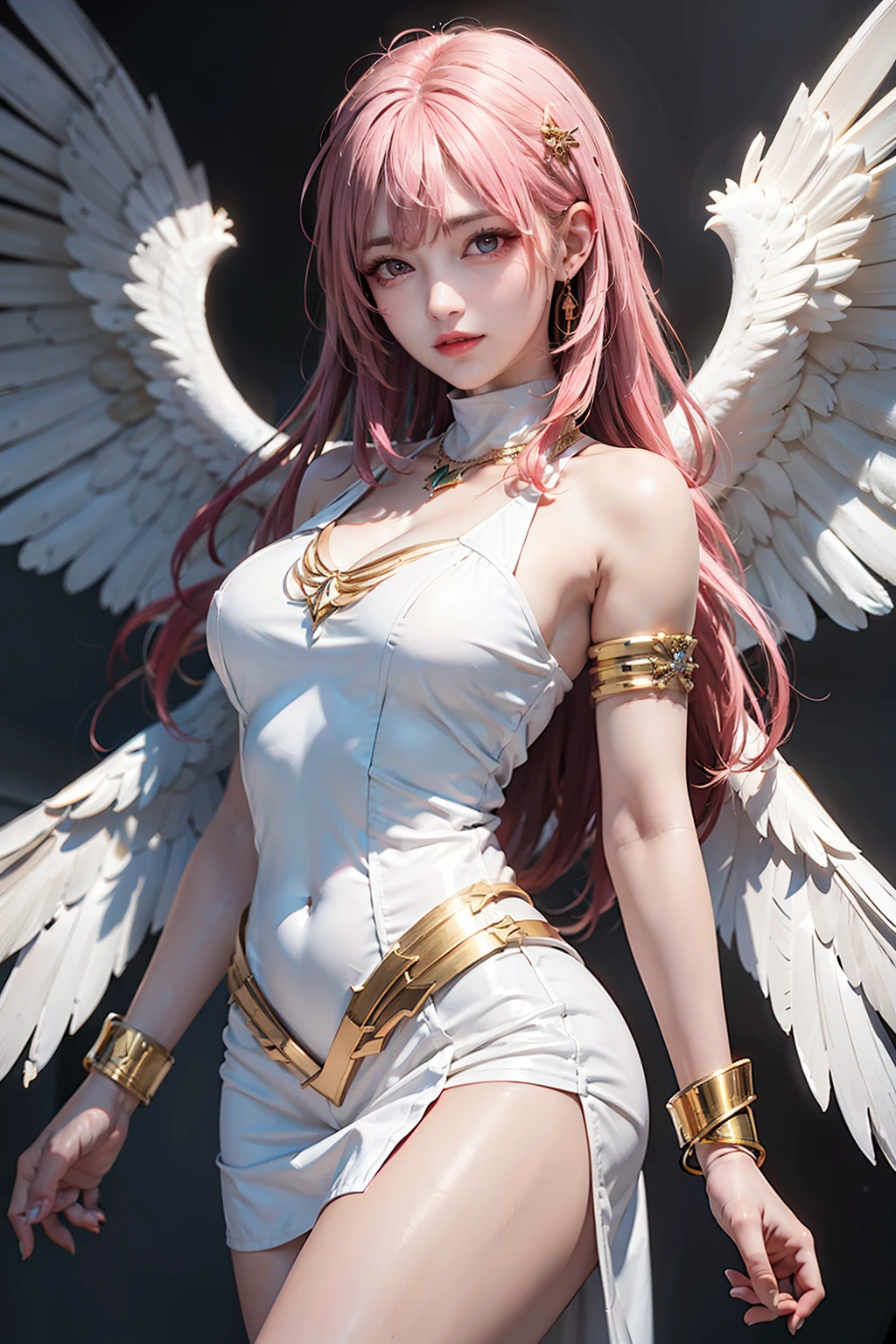 Women, early 20s, long silky pink hair, angel wings, white silk clothes, skirt, thighighs, golden ornemants, gold armlet, gold bracelet, golden leather sandals, hair ornemants, blue eyes, seductive look, spread wings, feathers, angelic allure, bright aura, glowing pupils, radiance, greek clothes, fine looking dress, white dress.