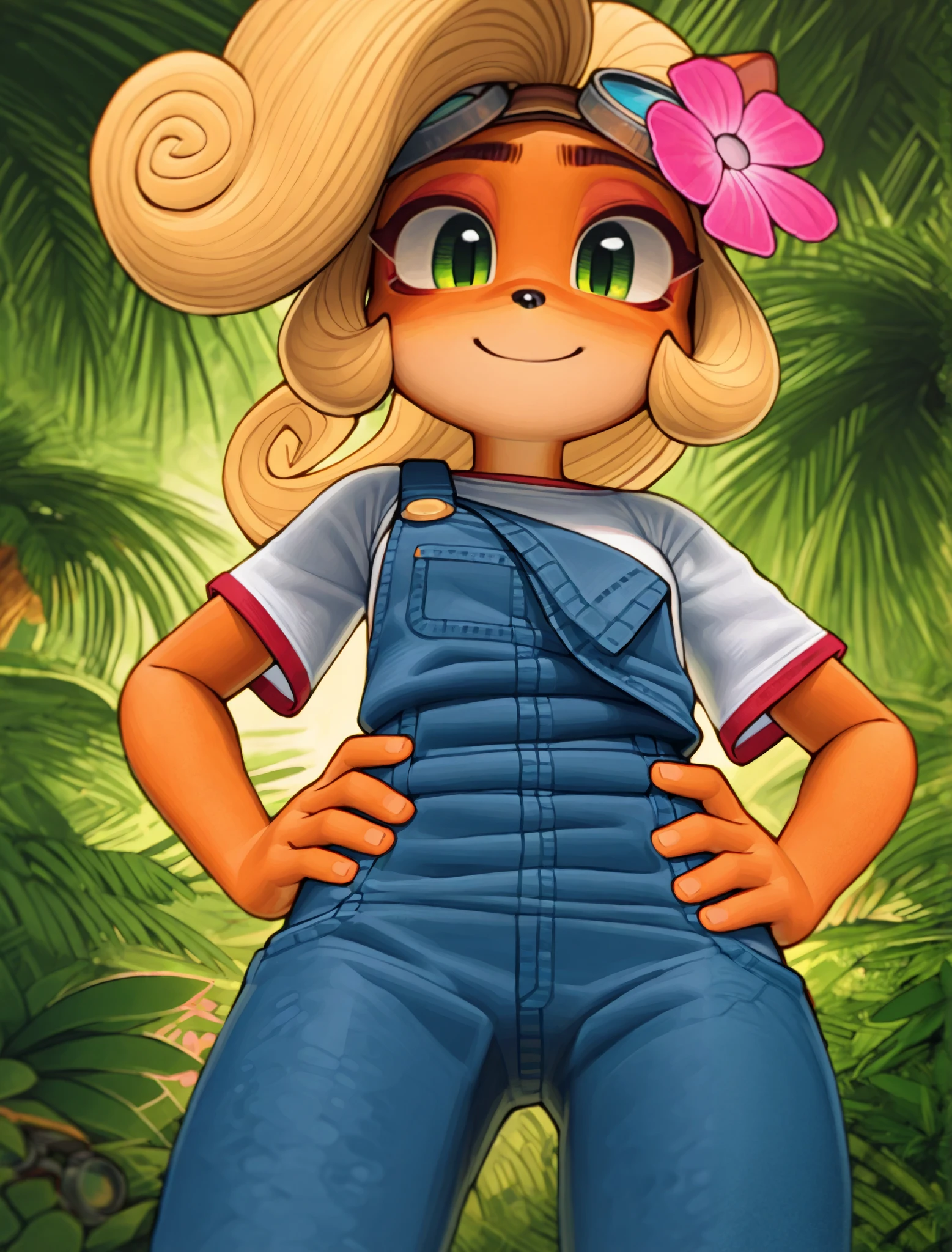 ((Coco bandicoot)), ((pixelsketcher)), ((wamudraws)), ((masterpiece)), ((high resolution)), ((solo portrait)), ((low angle)), {(attractive figure), (orange fur), (beige underbelly), (black nose), (cute green eyes), (short eyelashes), (blonde hair), (curly ponytail), (curly bang), (cute smile}, {(white t-shirt with red lining), (overalls), (goggles on head), (pink flower in hair)}, {(standing), (hands on hip), (looking at viewer)}, ((tropical forest)), ((sunset))