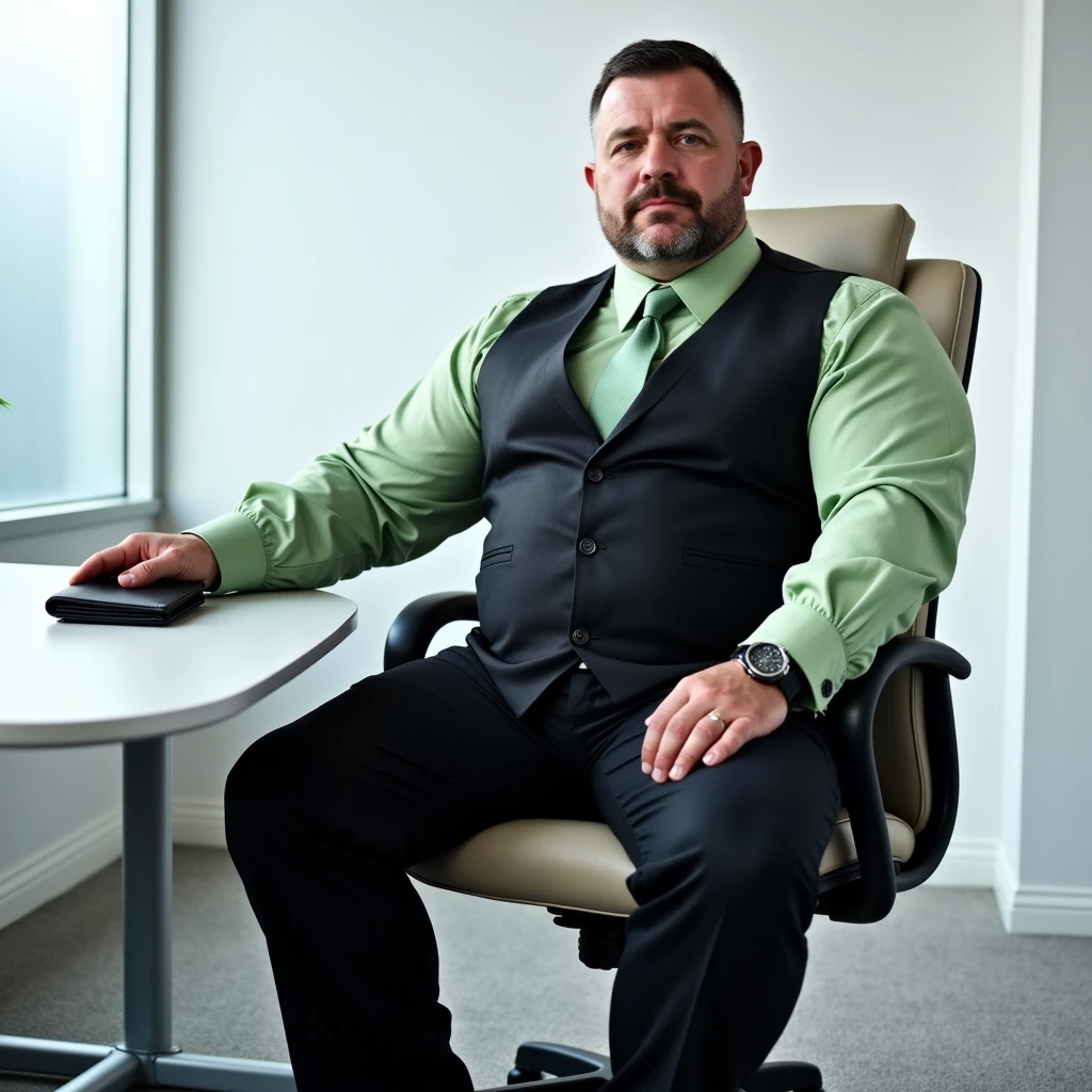 The image is a high-resolution photograph depicting a middle-aged man seated in an office environment. He is dressed in a formal business outfit consisting of a light green dress shirt with long sleeves, a black vest, and black trousers. His shirt is tucked into his trousers, and he has a light green tie neatly knotted. The man's physique is slightly bulky, with noticeable fat deposits around the waist and thighs, indicating a somewhat overweight build. He is wearing a black wristwatch on his left wrist and has a short beard and mustache.
The man is seated in a modern office chair with a beige cushioned seat and black armrests. He is holding a black wallet in his right hand, which is resting on the edge of a white desk. The background features a light grey carpeted floor and white walls, with a large, frosted glass window on the left side, allowing diffused natural light to enter the room. The overall setting suggests a professional office environment, with a focus on clean, modern design. The lighting is bright and even, contributing to the clarity and detail in the image.