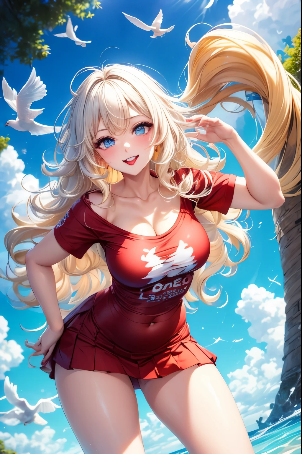 20 years, long wavy hair, fringe, blond hair, piel blanca, honey eyes, bump nose, red lips , detailed face,  seductive look t-shirt,  short t-shirt, Naked abdomen,  short skirts, Park, doves, blue sky,