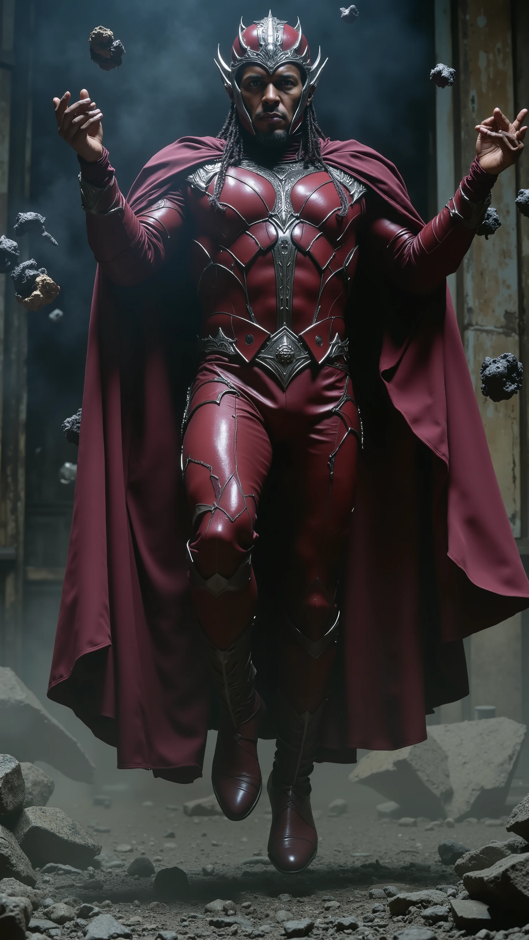 A cinematic close-up scene from a Magneto film, featuring a powerful and stylish reinterpretation of Magneto, portrayed by Kendrick Lamar. He is levitating above the ground, his hands raised as he telekinetically moves metallic objects around him with his mind. His expression is intense and commanding, exuding confidence and an almost divine presence.
He is dressed in a sleek, futuristic deep-red armored suit with silver accents, combining leather and metallic textures. A long, flowing dark red cape billows behind him, catching the dim light. His signature helmet, redesigned with a modern aesthetic, features a high-gloss crimson finish with intricate engravings, framing his face without concealing his sharp gaze. His hair, styled in intricate braids with metallic rings woven in, adds a regal, avant-garde touch.
The environment is dark and industrial, an abandoned underground facility with shattered metal beams and levitating debris suspended mid-air due to his immense magnetic power. The floor is cracked concrete, reflecting faint, flickering neon lights. The walls are a mix of rusted steel and futuristic control panels, pulsating dimly with residual energy. The scene is bathed in moody, high-contrast lighting reminiscent of 1980s cinema, with a bluish backlight creating a dramatic silhouette while warm red highlights reflect off his armor. Smoke and dust swirl in slow motion around him, enhancing the sense of weightlessness.
The camera angle is dynamic and cinematic, shot from a slightly lower perspective to emphasize his god-like presence. The rendering is highly detailed with deep shadows, HDR lighting, and a grainy yet polished aesthetic, evoking the look of a vintage 1980s DVD screengrab. The overall style is dark, atmospheric, and hyper-realistic, capturing the essence of a dystopian superhero epic.
Magneto, dark cinematic, 1980s film aesthetic, high dynamic range, dramatic lighting, ultra-realistic.