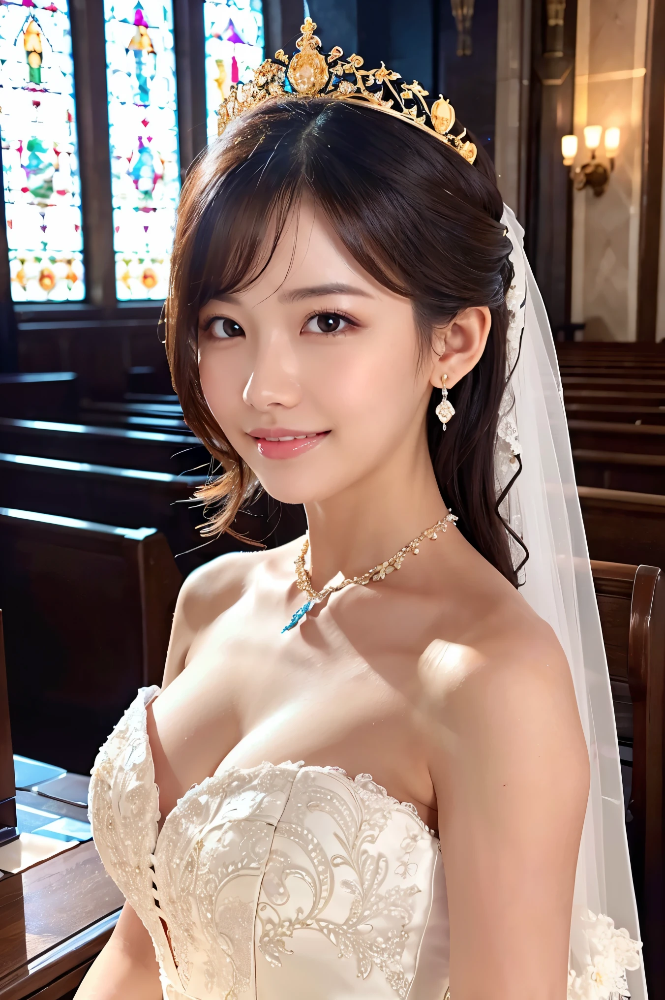 (highest quality、Tabletop、8k、Best image quality、Award-winning works)、One beautiful bride、(alone:1.1)、(The most extravagant and gorgeous huge wedding dresses:1.1)、(Perfect Wedding Lace:1.2)、(The most gorgeous and luxurious giant tiara:1.1)、(The most extravagant and luxurious giant necklace:1.1)、Look at me with your best smile、A wide selection of the finest jewellery、Upper body photo、Perfect Makeup、Long eyelashes、Ultra HD Shining Eyes、Ultra HD Hair、Ultra High Resolution Glossy Lips、Ultra High Resolution Perfect Teeth、Super high resolution beautiful face、(Accurate anatomy:1.1)、(Very bright and beautiful skin:1.2)、(very bright and vivid:1.2)、Perfect beautiful bridal hairstyles、A gorgeous and elegant church、A gorgeous and beautiful church、(Front facing body:1.1)、(The most romantic atmosphere:1.1)、(Strongly blurred background:1.1)、(Calm and warm lighting:1.1)