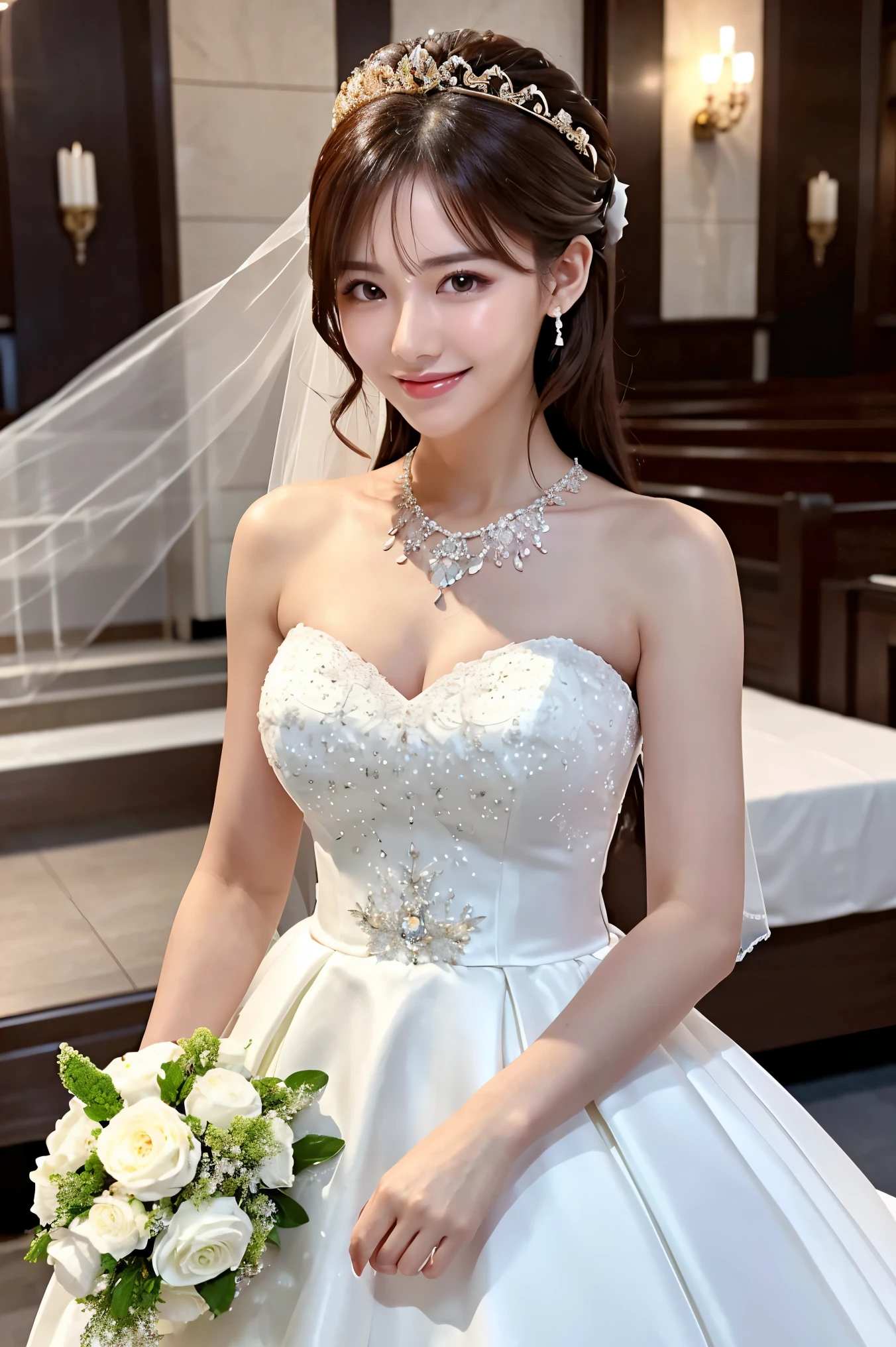 princess dress、Wearing the cutest wedding dress in the world,Z Cup Big,Sculpture model attracts, (1girl in:1.3)、photos realistic、Photorealsitic:1.4 Official art、ultra-detailliert、Beautiful and aesthetic、Beautiful fece、masterpiece、top-quality、Colossal tits、(barechested)、the cutest wedding dress in the world、Beautiful skin、The cutest earrings in the world、Cute smile、The cutest wedding venue in the world、The cutest gravure idol pose in the world、The most glamorous body in the world