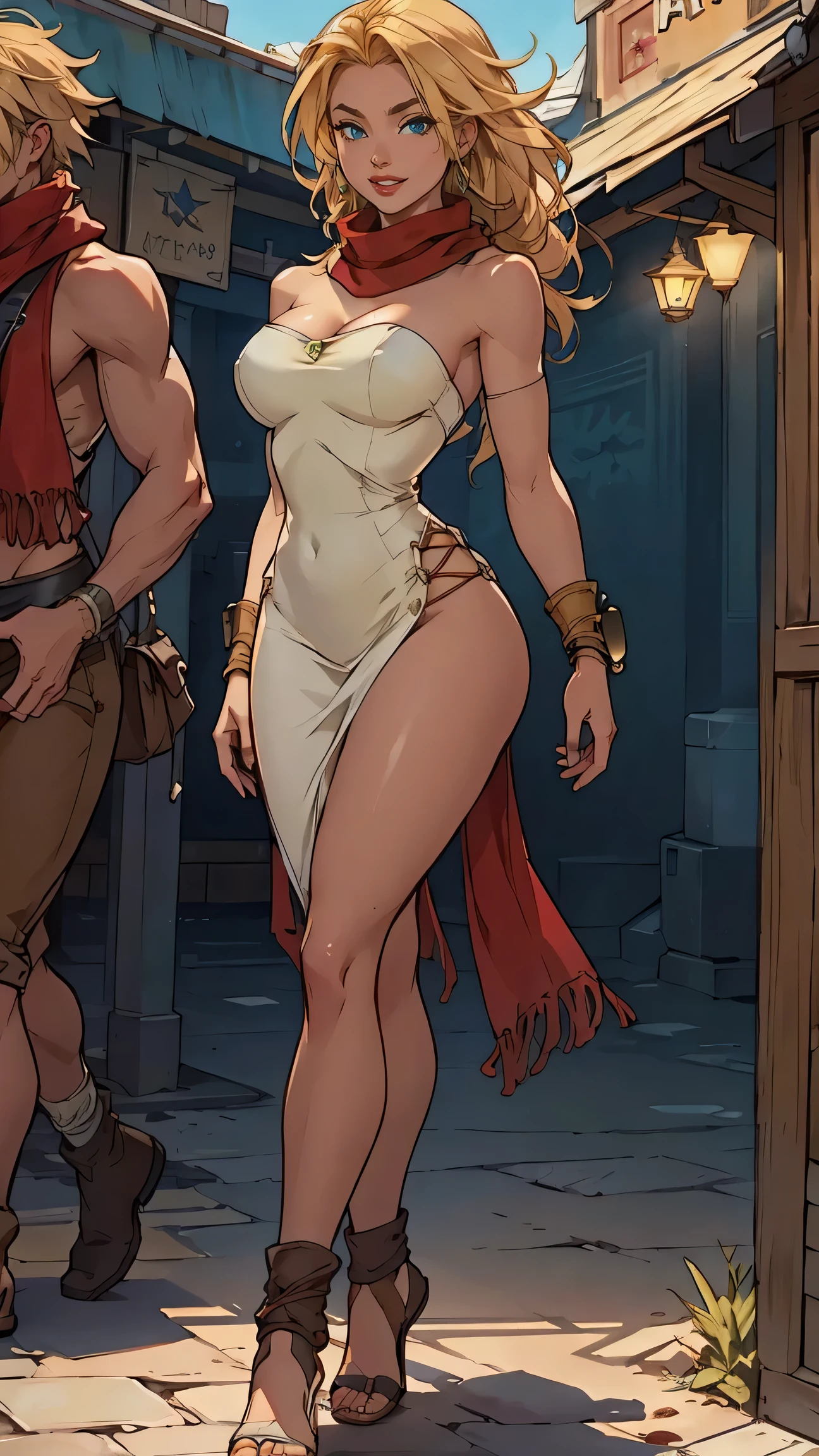 a beautiful Rikku from final fantasy X-2, blonde hair, tube dress strapless ,realistic, detailed portrait, beautiful young woman, detailed facial features, bright green eyes, warm smile, confident expression, long blonde hair, red scarf, detailed clothing, detailed background, photorealistic, 8K, cinematic lighting, highly detailed, intricate, realistic, masterpiece, full body, mall background , walking, 3/4 view