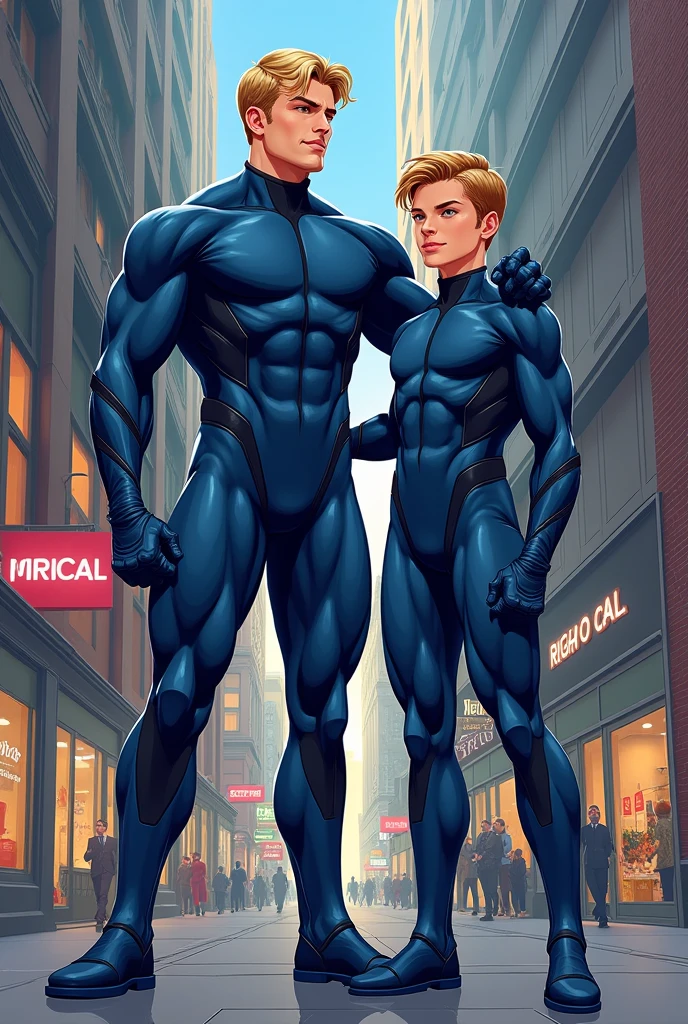 full body view, two white european musuclar teen brothers with blonde undercut clean haircut, one is 12 yo and 1m75 and the other one is 10 yo and 1m50, both wearing sky-blue sport lycra skinsuit and white lycra socks, no shoes, with big height and weight difference between them, musclegrowth, garden of suburbia mansion
