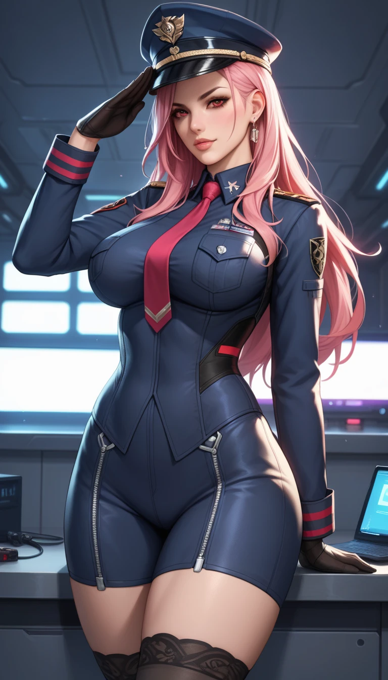 ((Best quality,8K,tmasterpiece:1.4)), Pink hair,Long braid on one side, Planes,Blue flight attendant uniform,Blue flight attendant hat, Delicate solid red bow tie,Black smooth skinny mini miniskirt,Bare breasts,perfect body figure,Glossy glossy skin,Green eyes