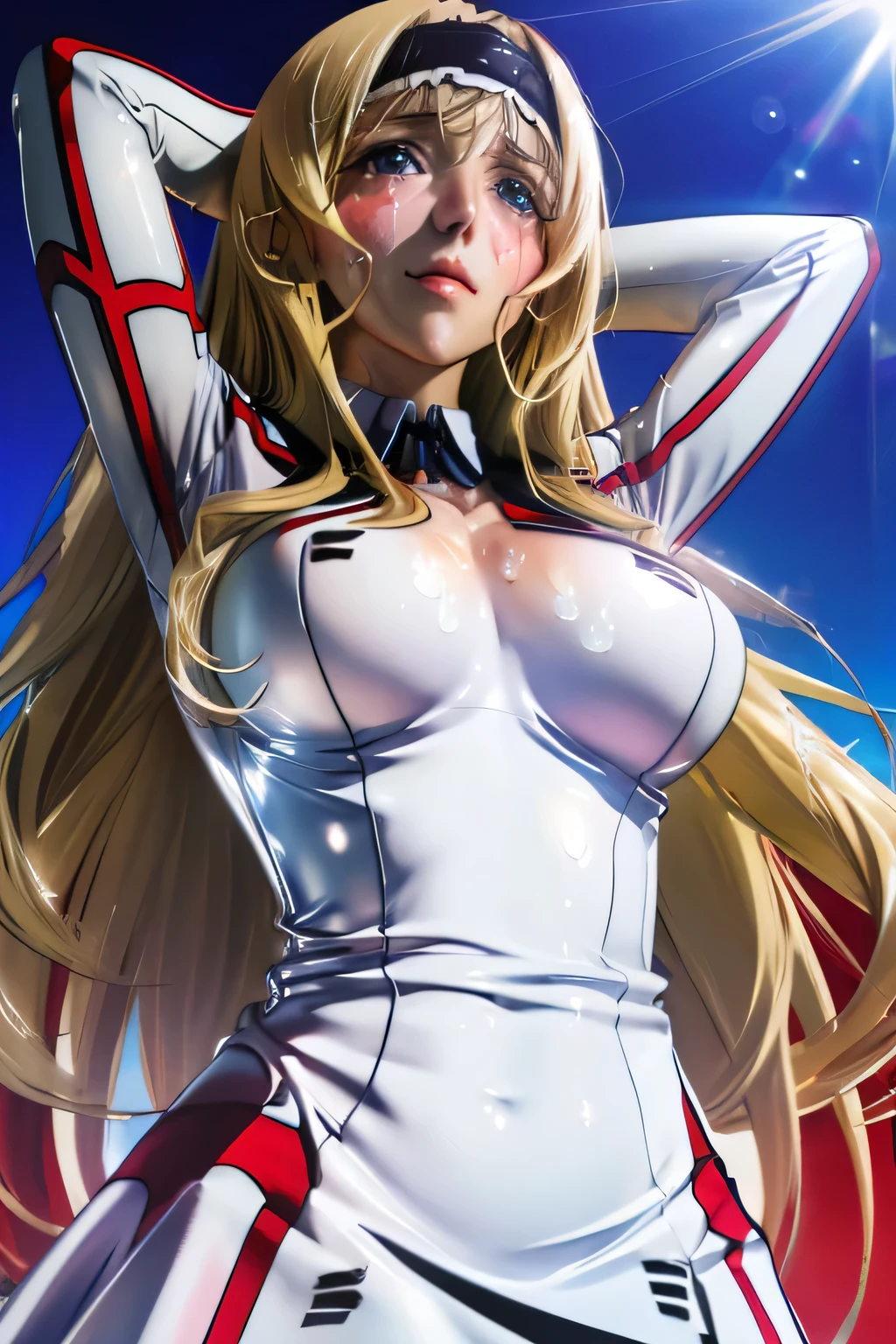 perfect anatomy　top quality,highest resolution,(((white shiny uniform　One Piece Dress　Shiny Blonde　 Long Hair　sweat　shiny skin)))　Cecilia Alcott　Infinite Stratos