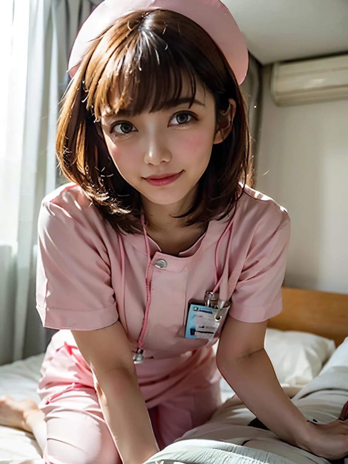 (realistic, photo-realistic, best quality, masterpiece), high image quality , intricate details handling 3 tentacles, very detailed, , Couple after insertion , throw, one boy is lying on the bed,Hospital room,, ( pants rubbing against each other ), ひざまずく女性 nurse, (hand job), , ( detailed faces , Beautiful Woman with Attention to Details , beautiful eye, sophisticated nose ), Smile, breasts not too big with bangs down、(( nurse服, nurse,), overflowing with semen , first-person view 、, human anatomically accurate, textured skin, high image quality model , eye 、 had、 colorful hair falling off her shoulders 、Bright interior、grip、