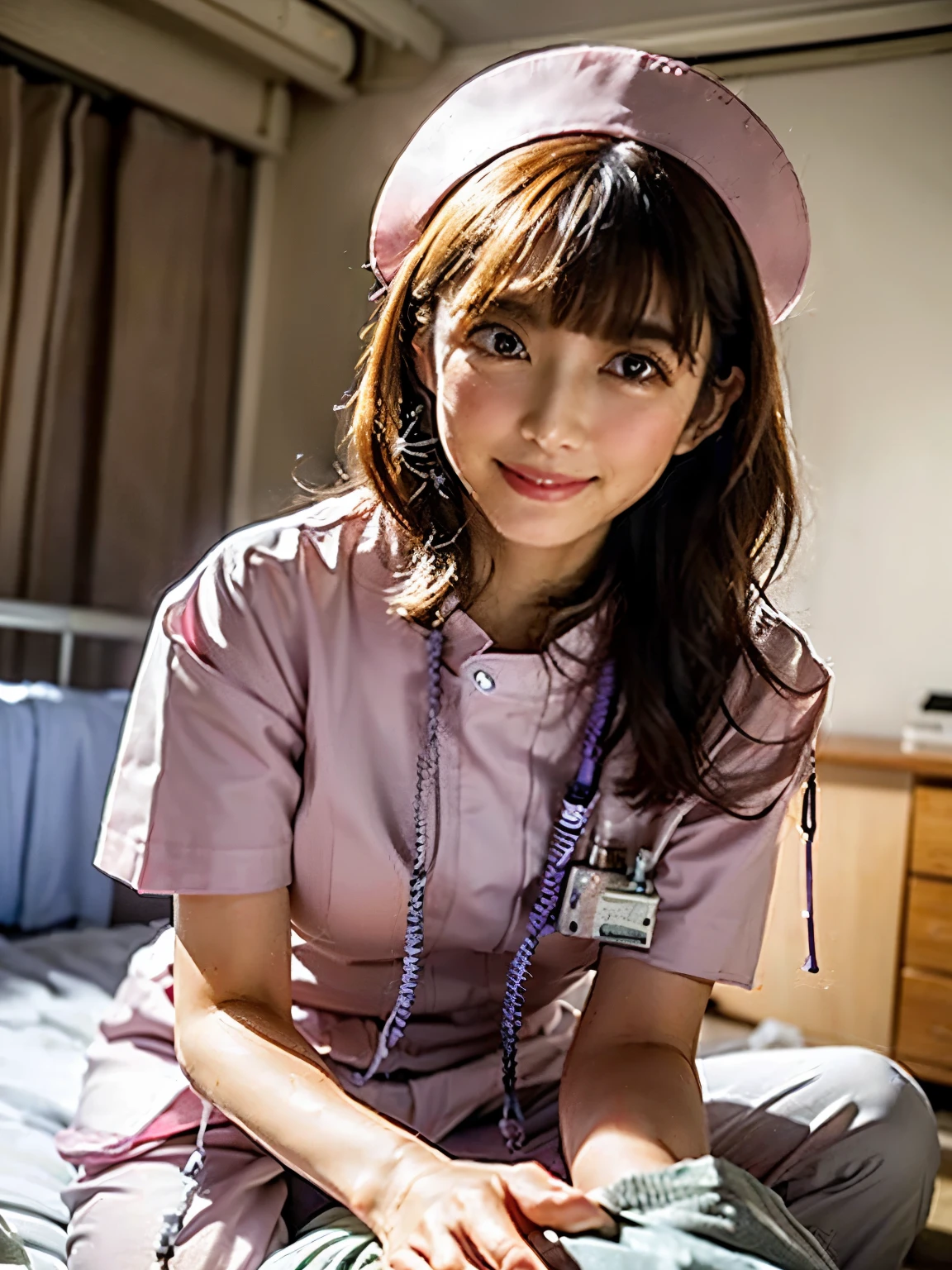 (realistic, photo-realistic, best quality, masterpiece), high image quality , intricate details handling 3 tentacles, very detailed, , Couple after insertion , throw, one boy is lying on the bed,Hospital room,, ( pants rubbing against each other ), ひざまずく女性 nurse, (hand job), , ( detailed faces , Beautiful Woman with Attention to Details , beautiful eye, sophisticated nose ), Smile, breasts not too big with bangs down、(( nurse服, nurse,), overflowing with semen , first-person view 、, human anatomically accurate, textured skin, high image quality model , eye 、 had、 colorful hair falling off her shoulders 、Bright interior、grip、