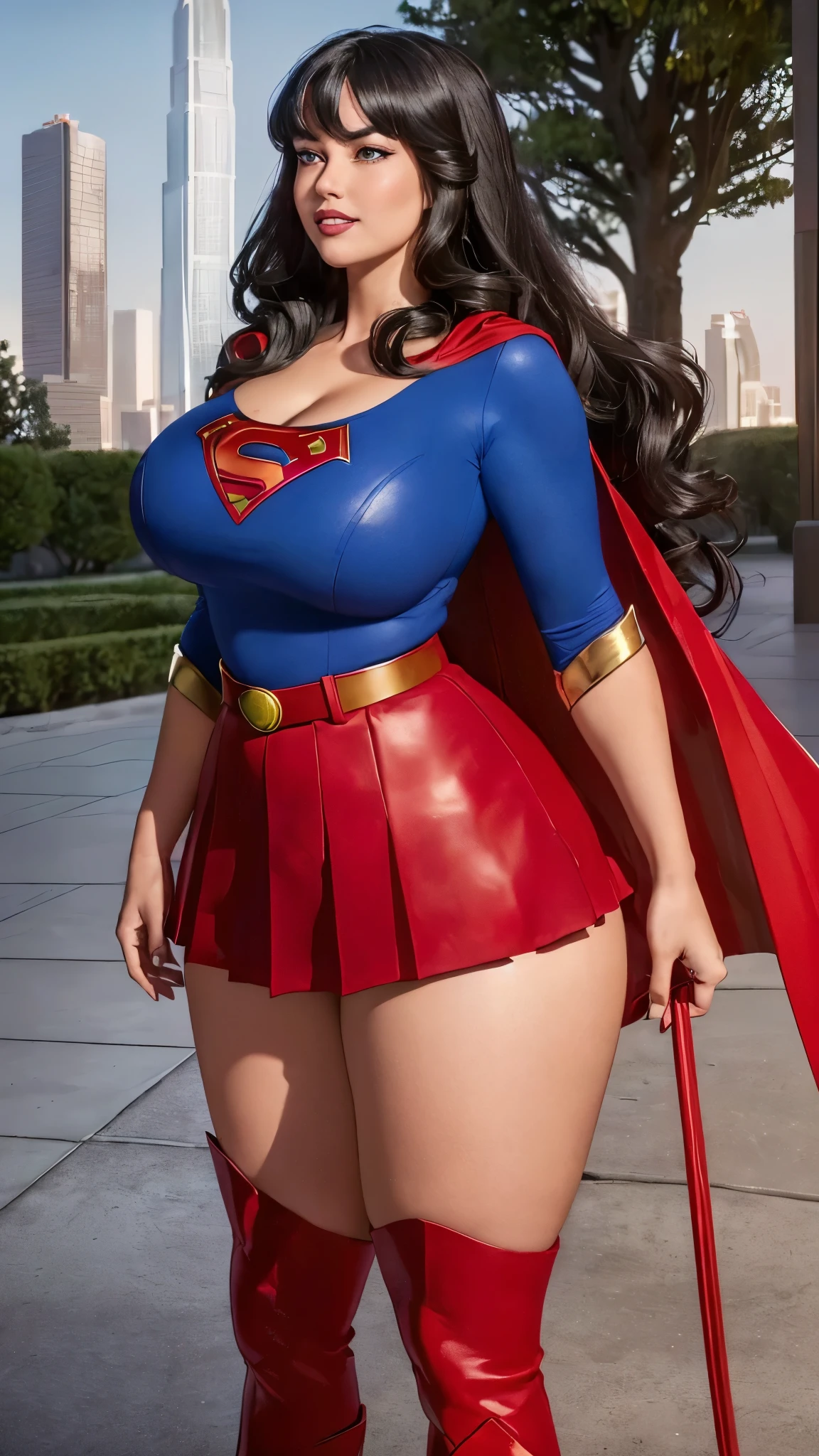 "An ultra-detailed 8k masterpiece of better quality and well-focused high saturation. Image features an outfit illustration featuring a beautiful plus size black woman wearing a super tight and sexy white and blue Supergirl miniskirt costume, incluindo um fundo azul, pernas longas, (corpo todo:1.2), (peitos grandes:1.2)."