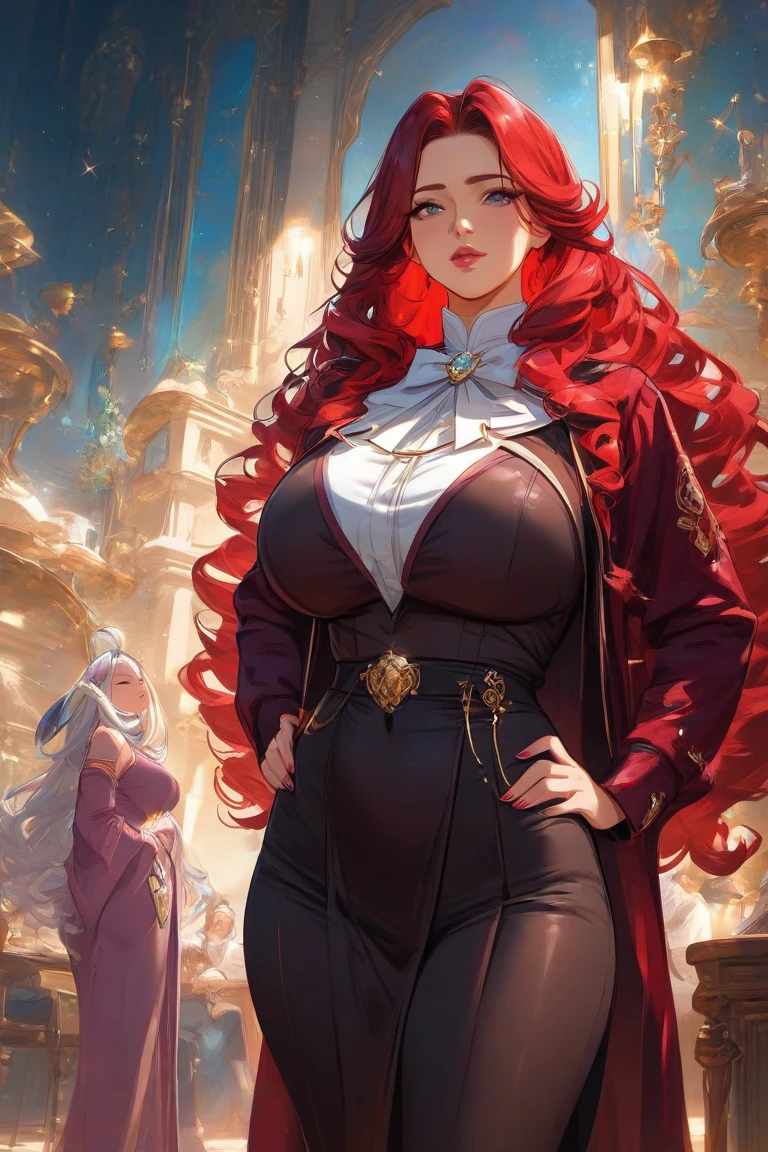 a warm black skinned woman with horse ears long curly hair copper red color and amber eyes wearing an elegant dress seeing her reflection in the mirror in a realistic humanoid dark room. (de corpo inteiro)
