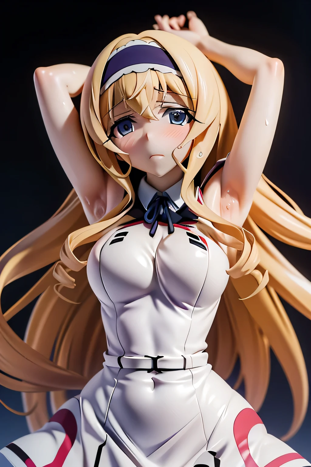 perfect anatomy top quality,highest resolution,(((white shiny uniform One Piece Dress Shiny Blonde Long Hair sweat shiny skin))) Cecilia Alcott Infinite Stratos