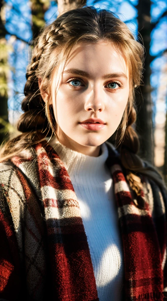(work of art), best qualityer, ultra detali, illustration, warm lighting, soft lighting, shiny colors, 1 girl, standing alone,( beautiful girl, long hair, blue colored eyes, cinta, chestnut hair, hair between the eyes, hair cinta, side locks, very long hair, Messy hair,) , Thu, many maple trees, maple leaves, golden leaves, folhagem de Thu, dried leaves, Riu,  Fresh air,  Peace, fresh breeze , Pleasant climate,( wear a white or brown sweater, Red scarf, It&#39;s temperamental, melancholy, melancholy, Grieving ,preoccupied, yearning,)