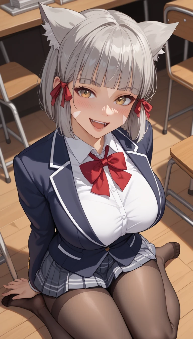 score_9, score_8_up, score_7_up, source_Anime Top Quality、8k、 masterpiece、ultra high definition、 natural light、perfect anatomy、 perfect eye、beautiful eyes、 Highlights、One Woman、:1.5、Big Breasts、saggy breasts、XC2nia , cat ears, grey hair, short hair, blunt bangs, facial mark, hair ribbon、(high school uniform、blazer from above the bar、ribbon、miniskirt、pantyhose)、(embarrassing:1.3、 happy、fun)、schools、 stand and pose
