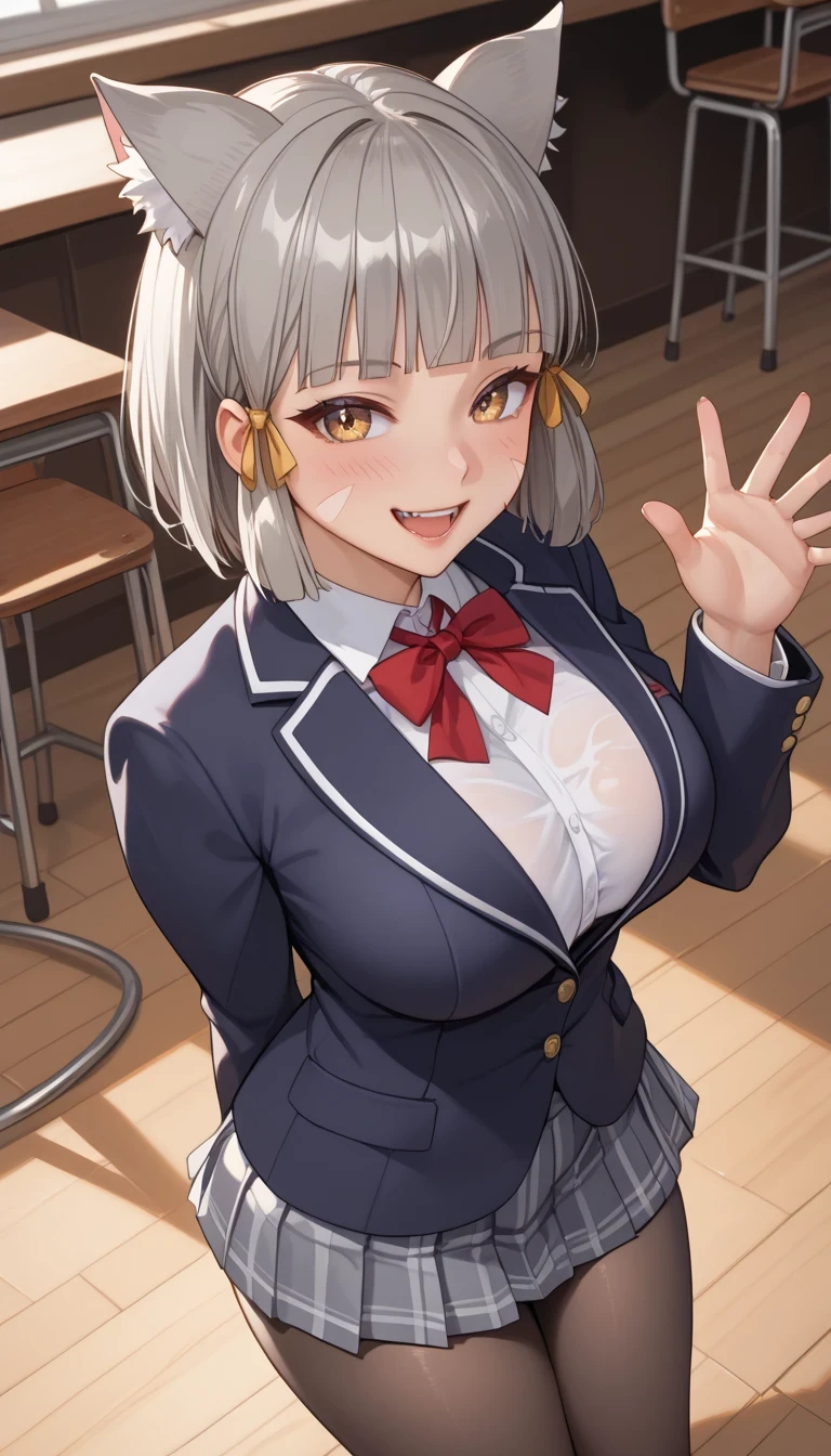 score_9, score_8_up, score_7_up, source_Anime Top Quality、8k、 masterpiece、ultra high definition、 natural light、perfect anatomy、 perfect eye、beautiful eyes、 Highlights、One Woman、:1.5、Big Breasts、saggy breasts、XC2nia , cat ears, grey hair, short hair, blunt bangs, facial mark, hair ribbon、(high school uniform、blazer from above the bar、ribbon、miniskirt、pantyhose)、(embarrassing:1.3、 happy、fun)、schools、 stand and pose