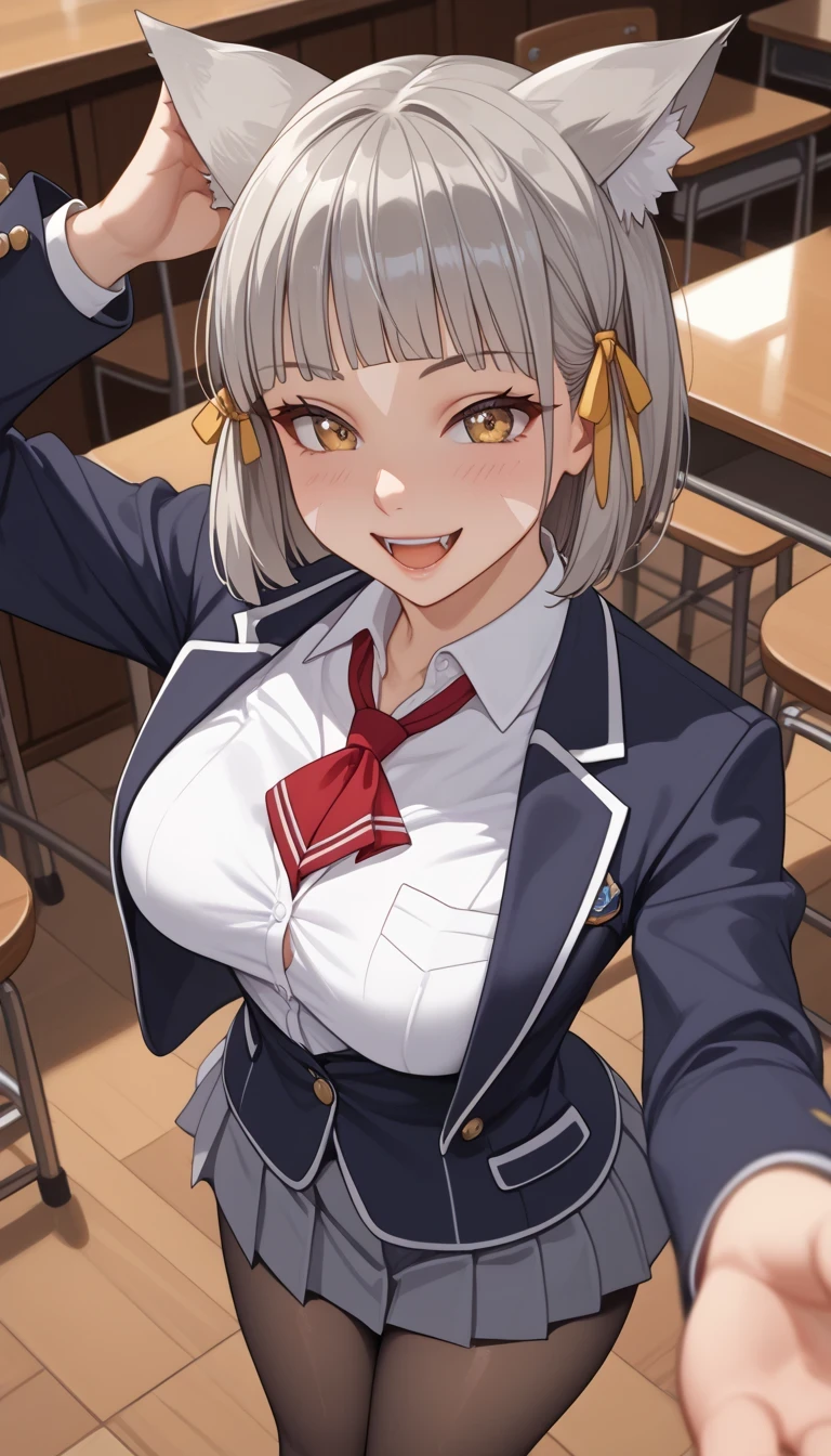 score_9, score_8_up, score_7_up, source_Anime Top Quality、8k、 masterpiece、ultra high definition、 natural light、perfect anatomy、 perfect eye、beautiful eyes、 Highlights、One Woman、:1.5、medium chest、saggy breasts、XC2nia , cat ears, grey hair, short hair, blunt bangs, facial mark, hair ribbon、(high school uniform、blazer from above the bar、ribbon、miniskirt、pantyhose)、(embarrassing:1.3、 happy、fun)、schools、 stand and pose、 taken from below