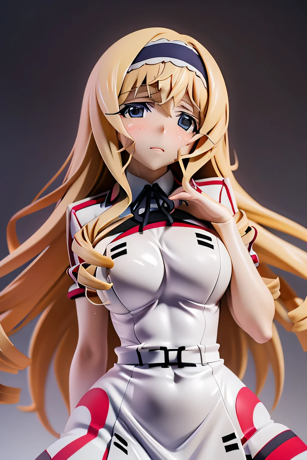 perfect anatomy　top quality,highest resolution,(((white shiny uniform　One Piece Dress　Shiny Blonde　 Long Hair　sweat　shiny skin)))　Cecilia Alcott　Infinite Stratos