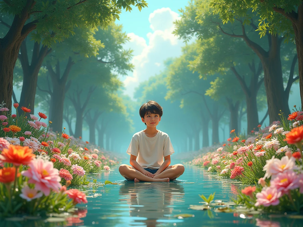 boy sitting next to lotus flower, anime