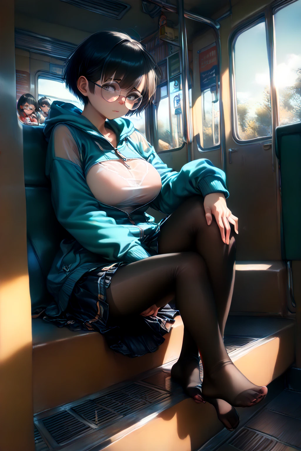 40 year old teacher in uniform, with a head-mounted display on the face showing phallic symbols, sitting at a bus stop, with her legs wide open, caressing your panties with your fingers, squirting running from panties down legs, panoramic shot